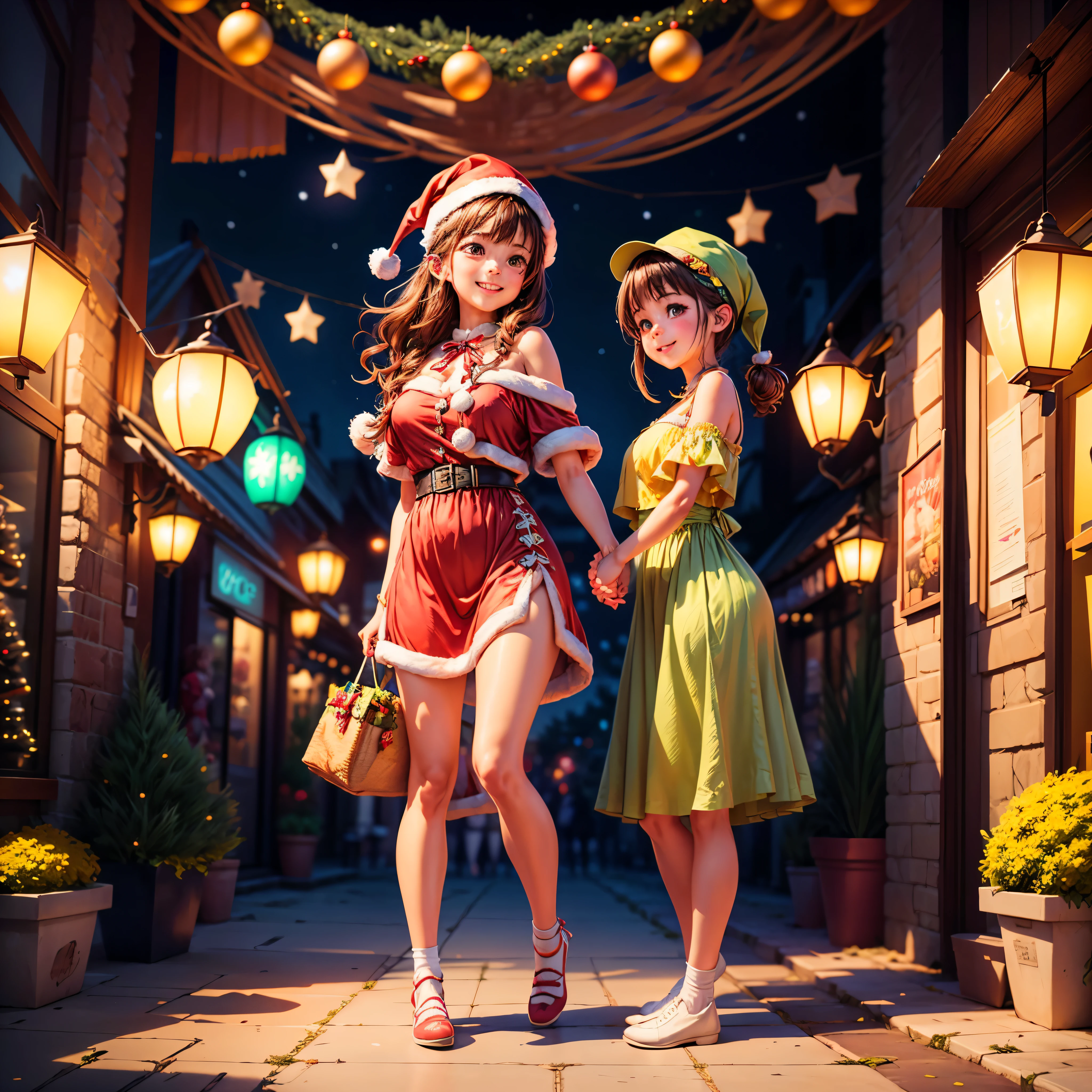 (((Vector illustration style)))，Vibrant colors, magical ambiance, Whimsical, Sparkling, Fantasy Christmas World,vibrant with colors, vivd colour, Magical atmosphere, Whimsical, Sparkling，Fantasy Christmas World，Inside the Christmas mall，The huge Christmas tree  hung with lights、pompon、Christmas socks，Christmas pendants，Piles of gifts placed under the tree。A young couple and a child admire the Christmas decorations in the mall，Surrounded by performers in Santa Claus costumes and Santa Claus statues。The Christmas mall  like a fairy tale world，full of magic， (Ghibli-like colours, pov, first-person view, accurate, anatomically correct, super detail, high details, high quality, award winning, best quality) 🎈🍦🍹❤🔆🕡(😘👩🎀👗⚜👒🥿👡🩲💅)🎪🎢🎡🎠 ultra_high-def ultra_Photo-realistic optimal ultra_high-quality opengl-shaders ultra_high-details accurate reflex ultra_high-res perfection volumetric lightning improved Octane_rendues UHD XT3 DSLR HDR 3dcg shadow analogiques extatiques symmetrical beholder sundrop Cinematic_sunlight UnrealEngine5 Ultra Masterpiece deep path Equirectangular_360 varied multi etc. --s 1000 --c 20 --q 20