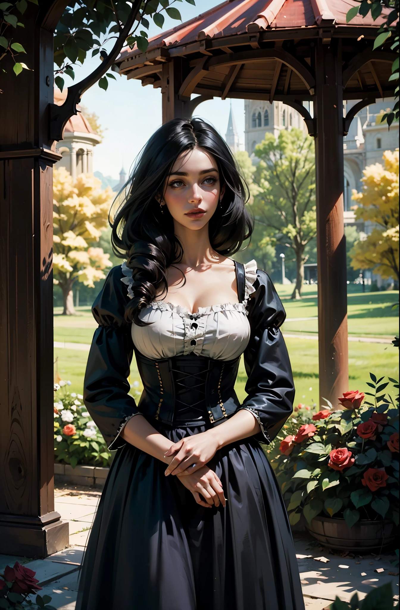 Fantasy, Rose bushes, Roses Everywhere, Light, woods, destroyed gazebo, German appearance, 23 year old girl with long black hair, in 16th century peasant dress, looks like Adelaide Kane. HD