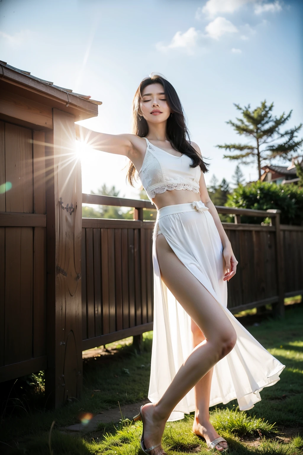 Scenes:Clouds in the sky show rich layers and shapes,Sunlight shines through the cloudorm a beam of light。
人物:girl with long black hair,With a sweet smile on his face。She wore a white dress,The skirt flutters gently。
stance:Girl poses elegantly,Close your eyes gently,Arms hang down naturally,Fingers slightly open