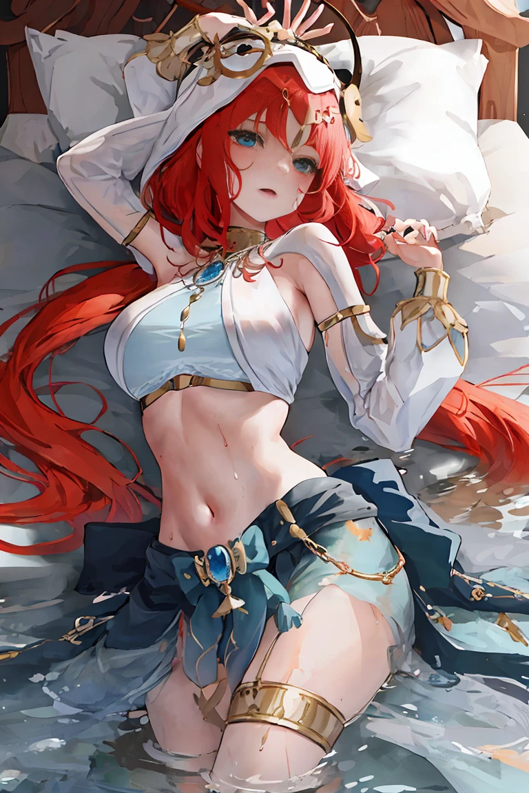 fanciful, (one-girl), Wet with ,crotch, Lodge, the elf, (()) , ((cute big breasts)), middling, red tinted hair, eBlue eyes, navel, woven, (tmasterpiece, Best quality at best), Horizontal lightning, Slender beautiful eyes, rage face, Subordinate chains, Slave collars, (Lie down in bed), frenzied, dyspnea, Be red in the face, perspiring,