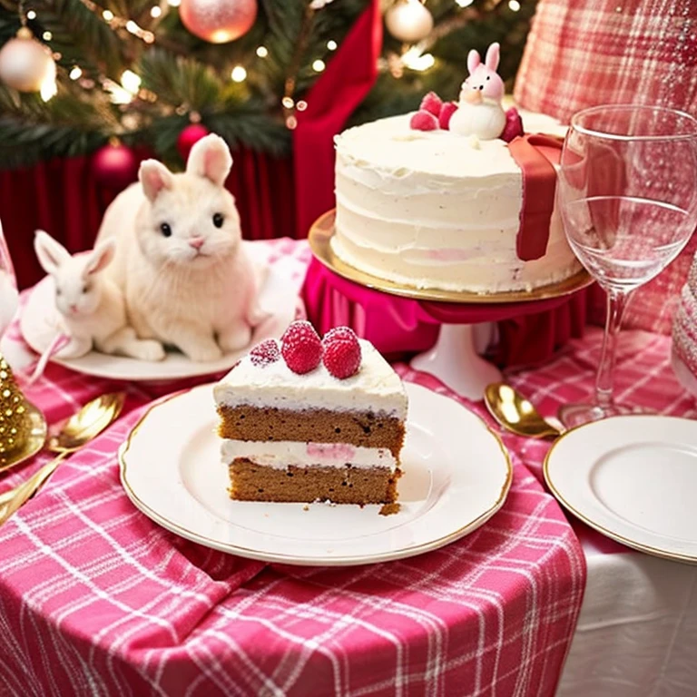 realisitic、a picture、a cake、ピンクのカットa cake、pink tablecloth、pink champagne、close up on the table、Christmas、ロリータChristmas、Fancy、Stuffed rabbit、2人のChristmas、Dream cute