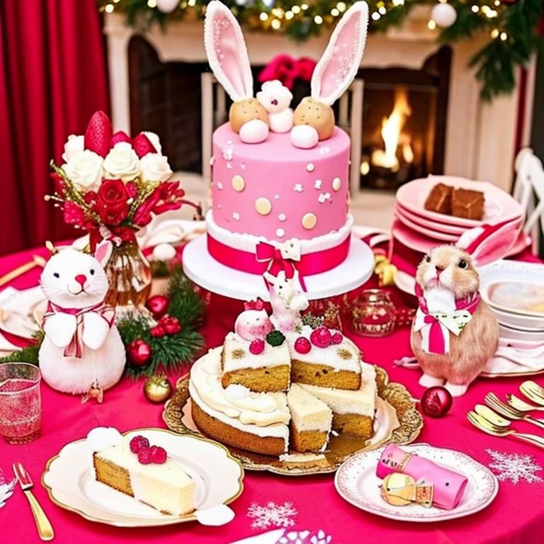 realisitic、a picture、a cake、ピンクのカットa cake、pink tablecloth、pink champagne、close up on the table、Christmas、ータChristmas、Fancy、Stuffed rabbit、2人のChristmas、Dream cute