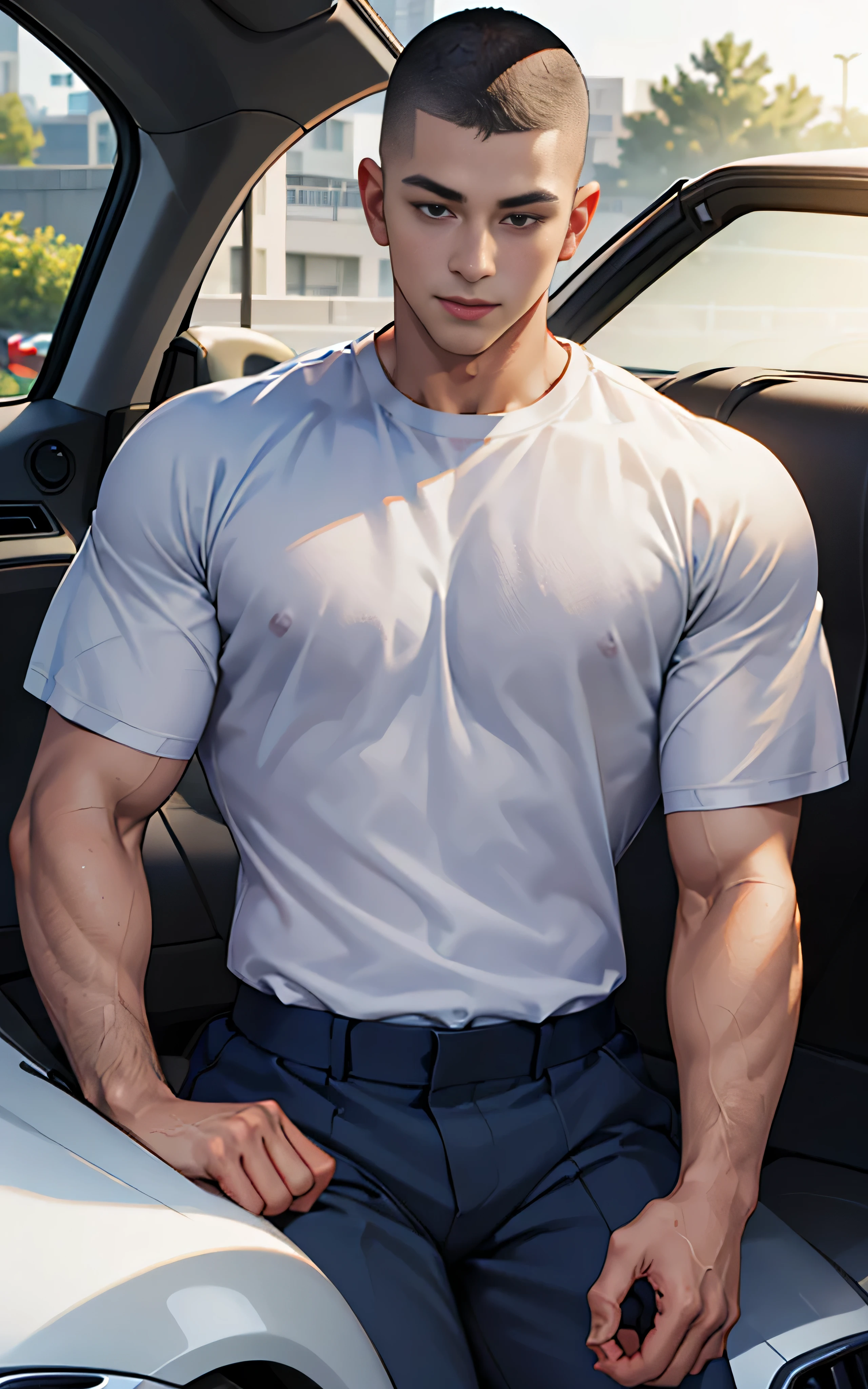(masterpiece: 1.2), (CGI Art:1.3), (Realistic:1.5), (Post Processing:1.3), (crisp focus:1.3), (1 man : 1.6), A man was sitting in the driver&#39;seats., (Skinhead&#39;Crew Cut Hairstyle: 1.3 ), Skinheads have haircuts.., Black Hair, Short hair details, smile, (สวมเสื้อเชิ้ตRound neck.., tights, Round neck, Short sleeve shirt, เสื้อเชิ้ตRound neckสีกรมท่า), (sunglasses:1.3), Police Logo, Navy Cargo Pants, Young Korean , Korean Men, (High shadow detail), Big muscles, Wide shoulders, Big Arms. looking at the audience, balance eyes, (drive: 1.3), in a BMW , (การdrive: 1.3)、