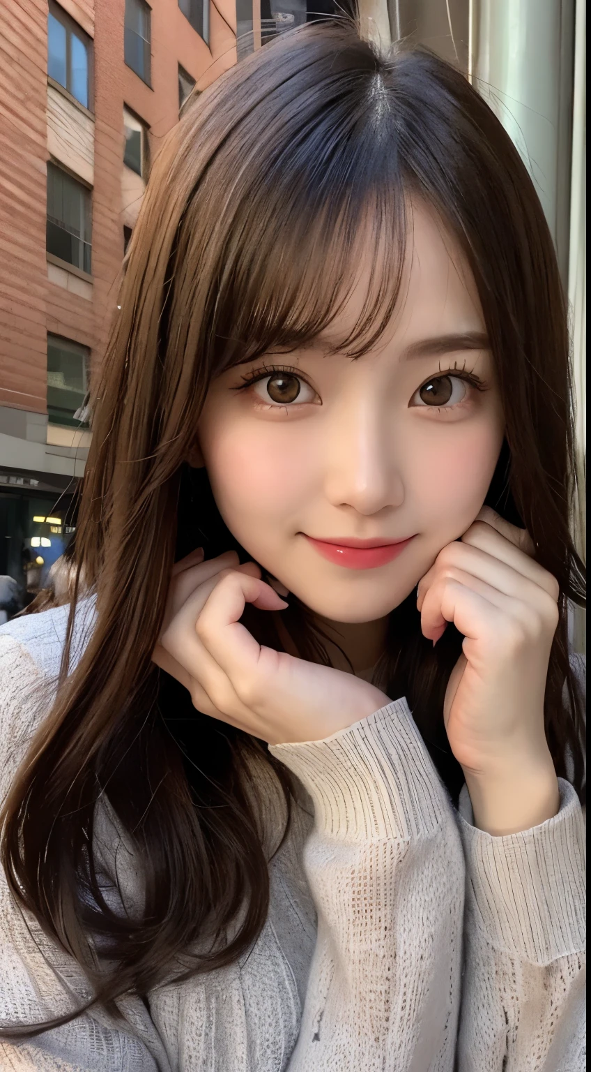masutepiece, Best Quality, Illustration, Ultra-detailed, finely detail, hight resolution, 8K Wallpaper, Perfect dynamic composition, Beautiful detailed eyes, Winter dress,Medium Hair, Small breasts, Natural Color Lip,Smile,Big city、20 years girl、Midnight、beautifull detailed face、Perfect and beautiful face、slim face and style,Spread your arms wide,Big eyes,Take a photo from below the knees at a face angle