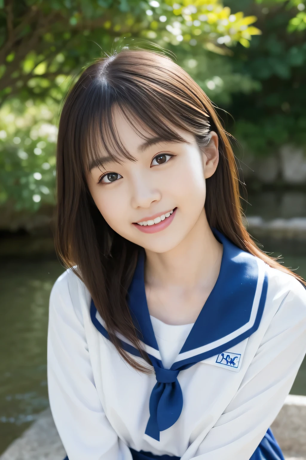 8K raw photos、hight resolution、Japan at the age of 18、beautiful eyes finely detailed、long eyelasher、beautiful double eyelid、eye line、Slender eyes、elongated eye shape、Sansakumaru'Legally thin and beautiful thighs、Random long hair、A smile、a sailor suit、Cowboy Shot、Black stockings、wave her hand