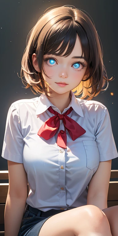 baby face, short black hair,messy hair, (photorealistic:1.4), (masterpiece, sidelights, exquisite beautiful eyes: 1.5), masterpiece*portrait, realistic, 3D face,kawaii face,front view: 1.5、 (glowing eyes:1.5),(tareme:1.5)、Rosy Mouth,Slim Body, shiny hair, shiny skin: 1.5、large breasts:1.3,solo,(sit)、(open collared shirt)、(charactor focus:1.5、portrait)、upper body,