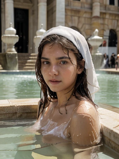 Drawing a picture of a 19 year old girl wearing a thin white cloth. The cloth was soaked with water that white flesh could be seen. Take a bath at the edge of a fountain in the middle of a large city. There were crowds of people, including men and women passing by. All the men stared at her.