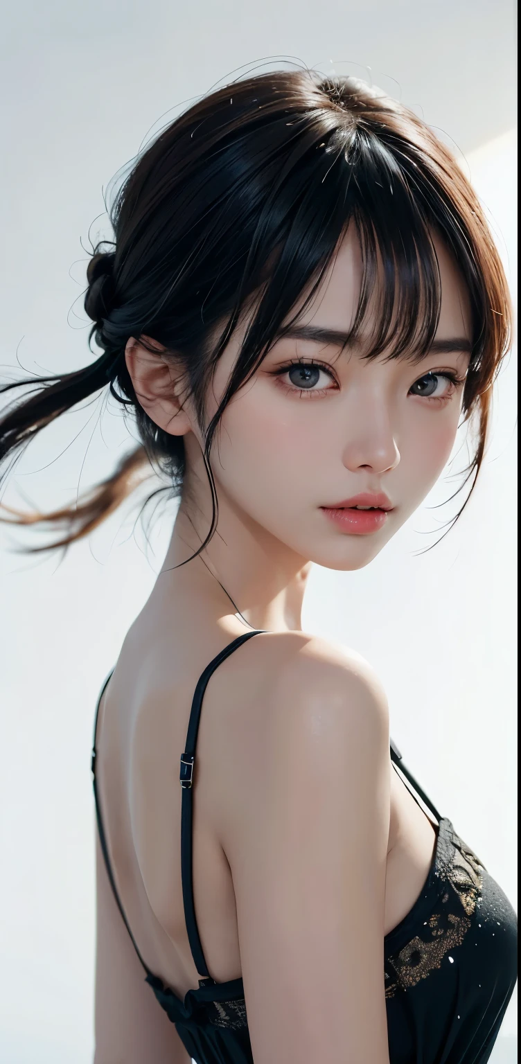 Masterpiece, 1 Beautiful Girl, Detailed Eyes, Swollen Eyes, Top Quality, Ultra High Resolution, (Reality: 1.4), Original Photo, 1Girl, Cinematic Lighting, Japanese, Asian Beauty, Korean, Very Beautiful, Beautiful Skin, Slender, Body Facing Front, (Ultra Realistic), (High Resolution), (8 K), (very detailed), (best illustration), (beautifully detailed eyes), (super detailed), detailed face, looking at viewer, facing straight ahead, neat clothes, sleeveless, short hair, black hair, 46 point slanted bangs, white background, neat room,