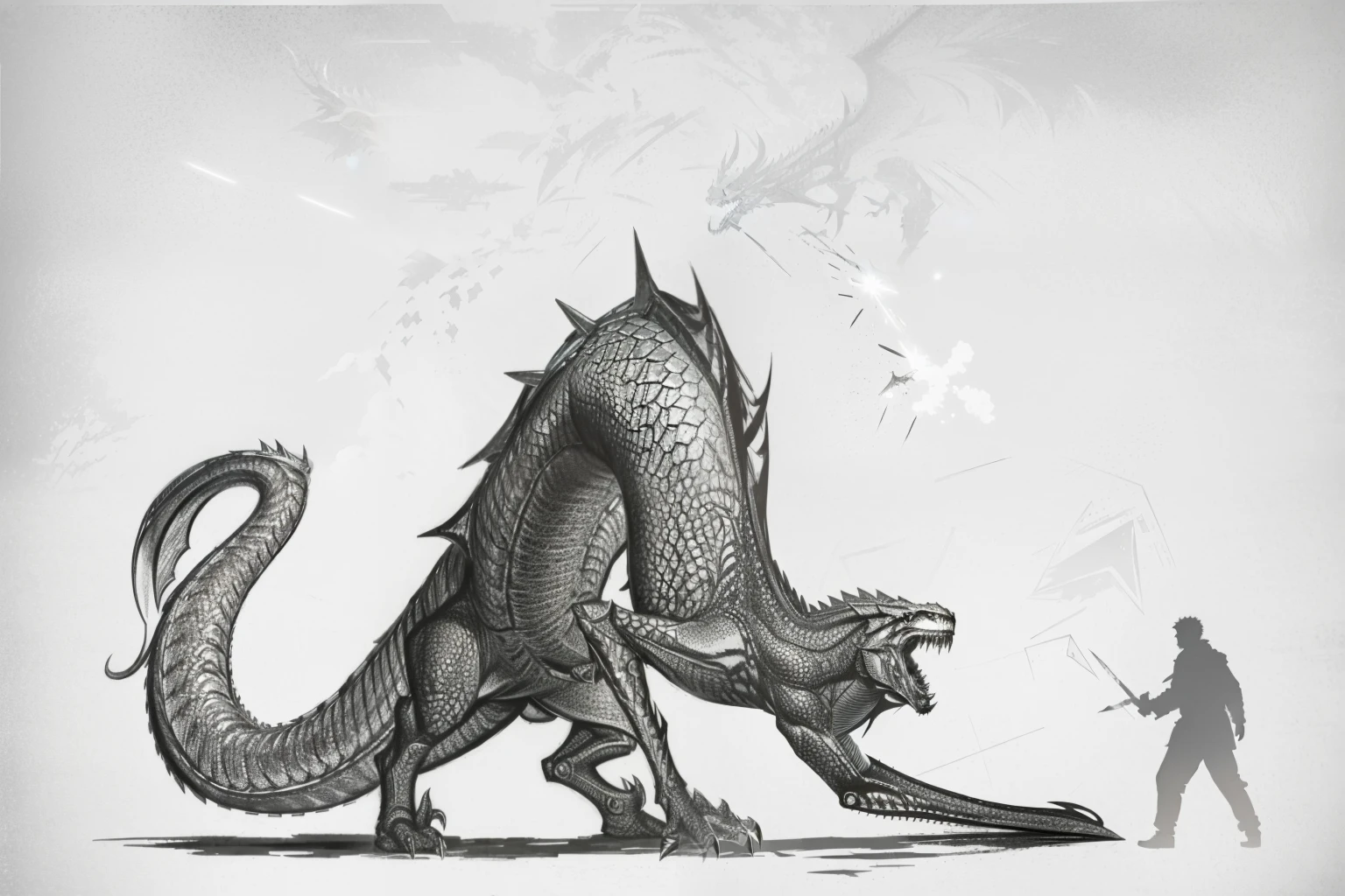 The painting shows a man walking next to a dragon，There is a person in the background, monster concept art, Longwall Art, creature concept art, giant kaiju dragon monster, an Ancient creatures, creature design, realistic biological concept, full body dragon concept, Ancient creatures, basilisk, looming creature，Long, Path of Exile&#39;s Hydra makes it glow with purple energy