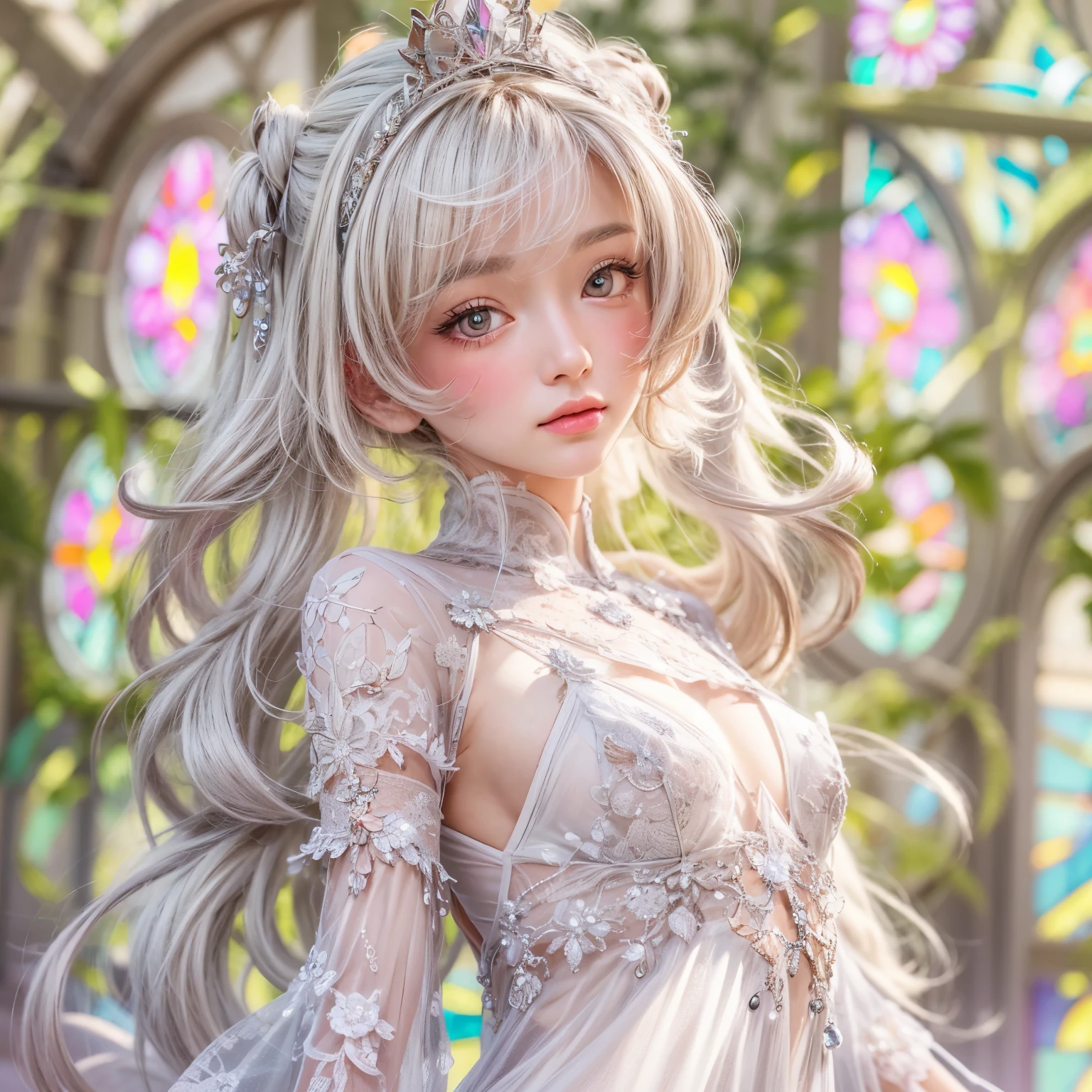 SFW, concept art, Tiny junior idol, Delicate lace knitted white clothes, (nipple:-0.9), face closeup, (Dazzling stained glass Background), (((Renbutsu Misako), colorful Light shines through delicate stained glass:1.2, vivid red colors, lense Particle, lens flare, light Particle, Dazzling Halo, Acutance:0.8)). (masterpiece:1.2),(ultra-detailed:1.37),(realistic,photorealistic,photo-realistic:1.37), (Extremely detailed KAWAII face variations, innocent expression variations), rosy cheeks, intricate detailed eyes with sparkling highlights, long eyelashes with volume, subtle blush on the face. Mystic sight, haze, impeccable skin texture, captivating gaze, ((Dynamic-angle, physically-based rendering)), whole Body proportions and all limbs are anatomically accurate .