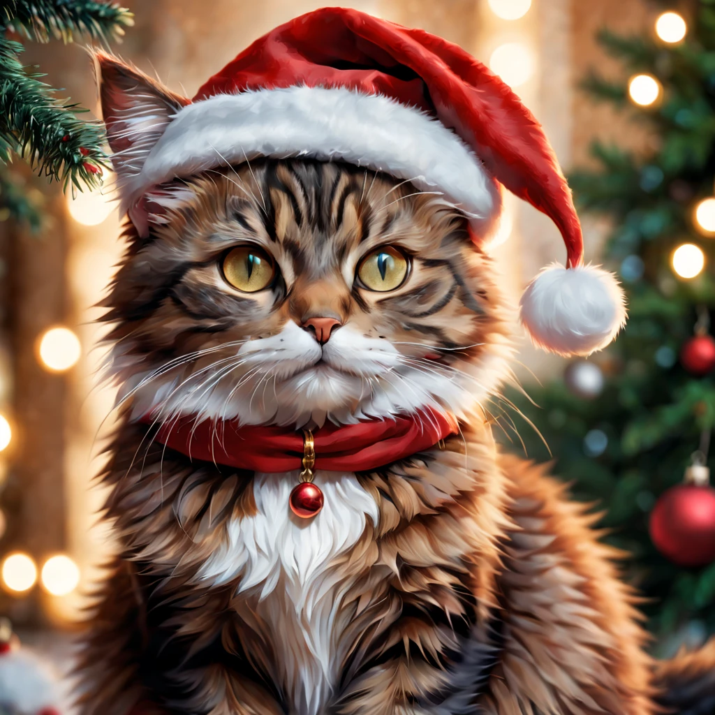 (a sticker),(highres)A cat wearing a Santa hat, (realistic:1.37)detailed fur texture, (vivid colors) vibrant red and white colors on the hat, (bokeh)sparkling Christmas lights in the background, (photorealistic) realistic depiction of the cat's eyes, (sharp focus)clear and crisp image, (ultra-fine painting)precise brushstrokes on the fur, (studio lighting)soft and warm lighting illuminating the cat's face 和 the hat, (concept artists) artistic interpretation of a festive feline, (portrait) close-up portrait of the cat, (holiday atmosphere) joyful and festive atmosphere, (holiday decorations) Christmas tree ornaments in the background, (whiskers) long and delicate whiskers, (curious expression) a curious expression on the cat's face, (playful pose) a playful pose with the cat's paws.