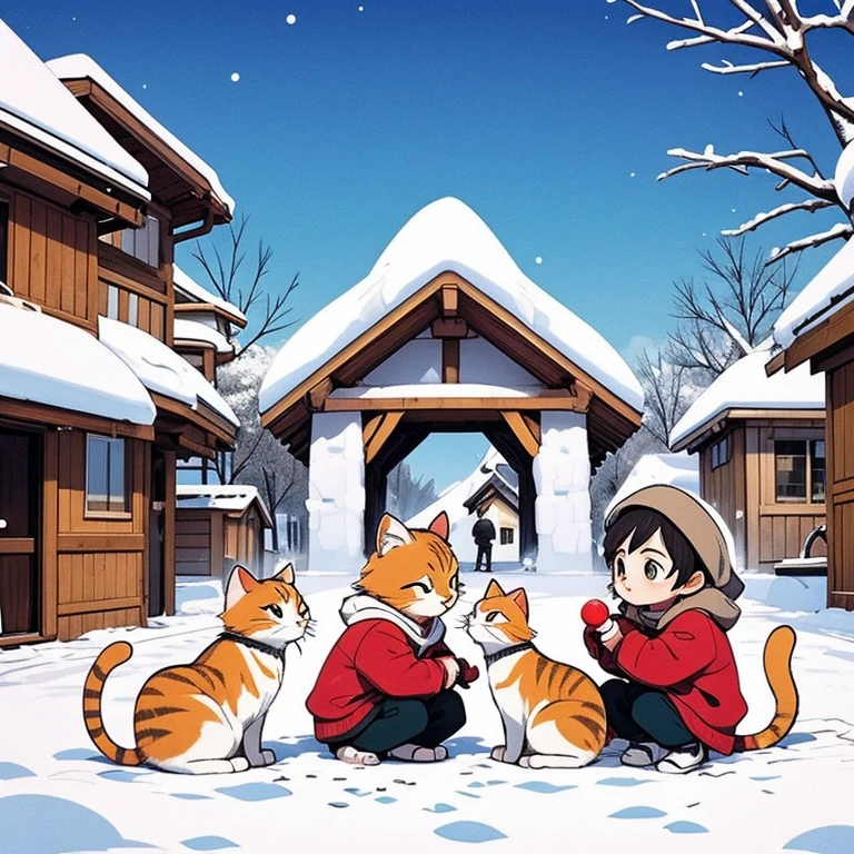 Des enfants jouent dans la neige. Ils sont habillés chaudement. Ils portent des manteaux multicolores. Ils sont dans un village de Noel. Il y a des guirlandes dans le village. Ils ont des oreilles de chats. Furry. Ambiance : hiver, Noel. Mood : Lofi, anime manga. Kids in the snow. Christmas. Cat. Winter. Snox. Light. Colors : White, Orange, Green, Red. Cat kids. Playing. Village.