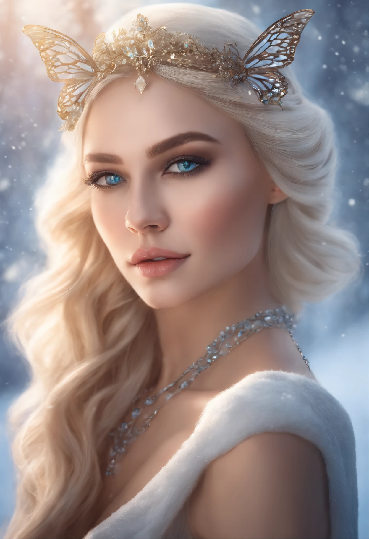 blonde with a butterfly necklace and a butterfly necklace in the snow and butterflies around beautiful fantasy portrait, beautiful fantasy art portrait, digital fantasy portrait, Portrait of a very beautiful elf woman, fantasy art portrait, fantasy concept art portrait, fantasy portrait, 8K Artgerm Bokeh, soft portrait shot 8 k, detailed matte fantasy portrait, cgsociety portrait, beautiful digital artwork