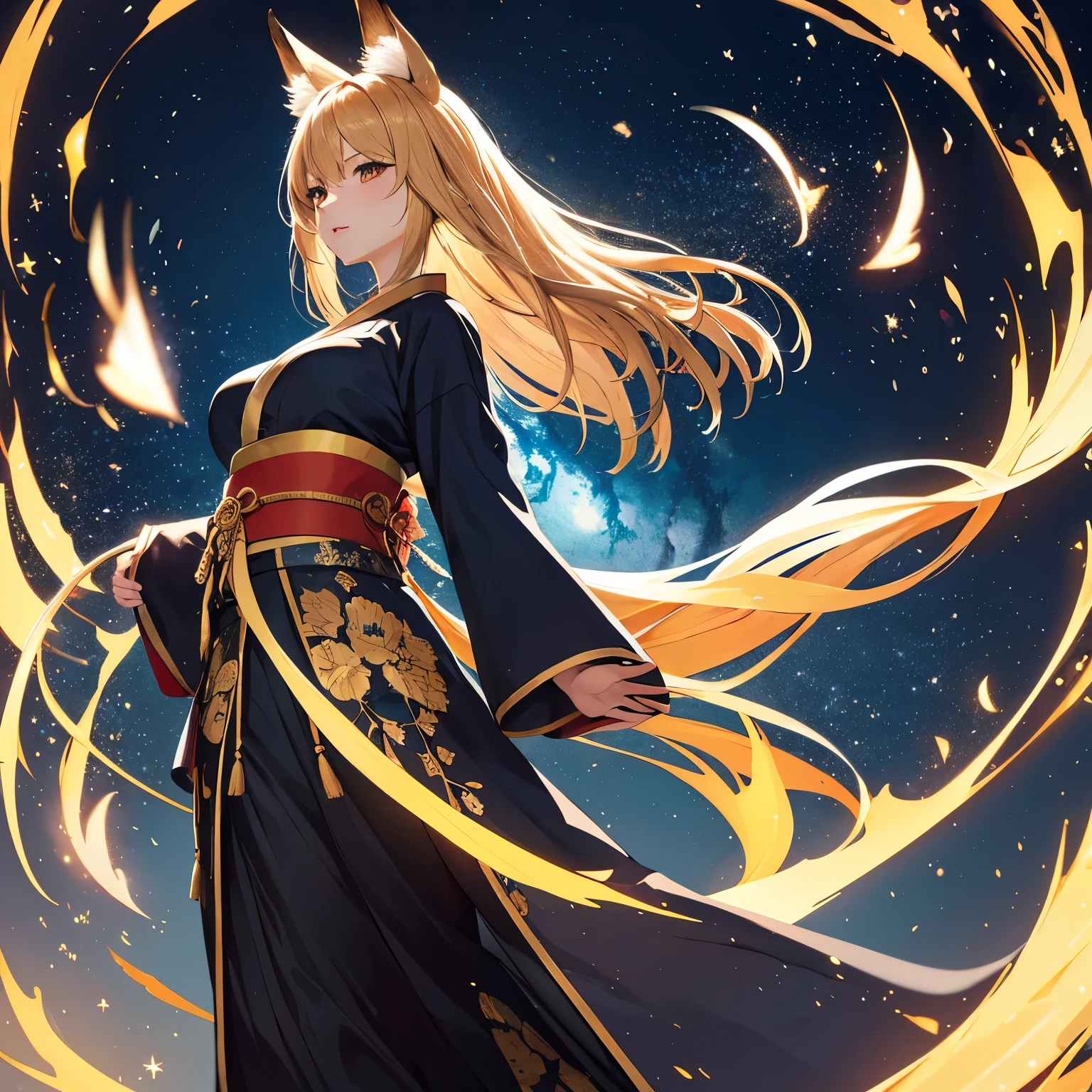 Bigger than all galaxies, Expressing the huge energy of a hypernova through the appearance of clouds,The birth of the universe,Located in the middle of a super-dense universe, Hyper Sharp, Complex light effects, 32K,Illustration,Golden Fox,Lots of Tails,Golden Eyes,length hair,Golden hair,a large amount of hair,1人の女性,a matural female,large full breasts,Traditional kimono,Black kimono,a lot of big fox tails,(golden aiox ears、length hair、Golden hair,Hair flowing in the wind),Beautiful face,(Standing and walking in the distance,Detailed face)