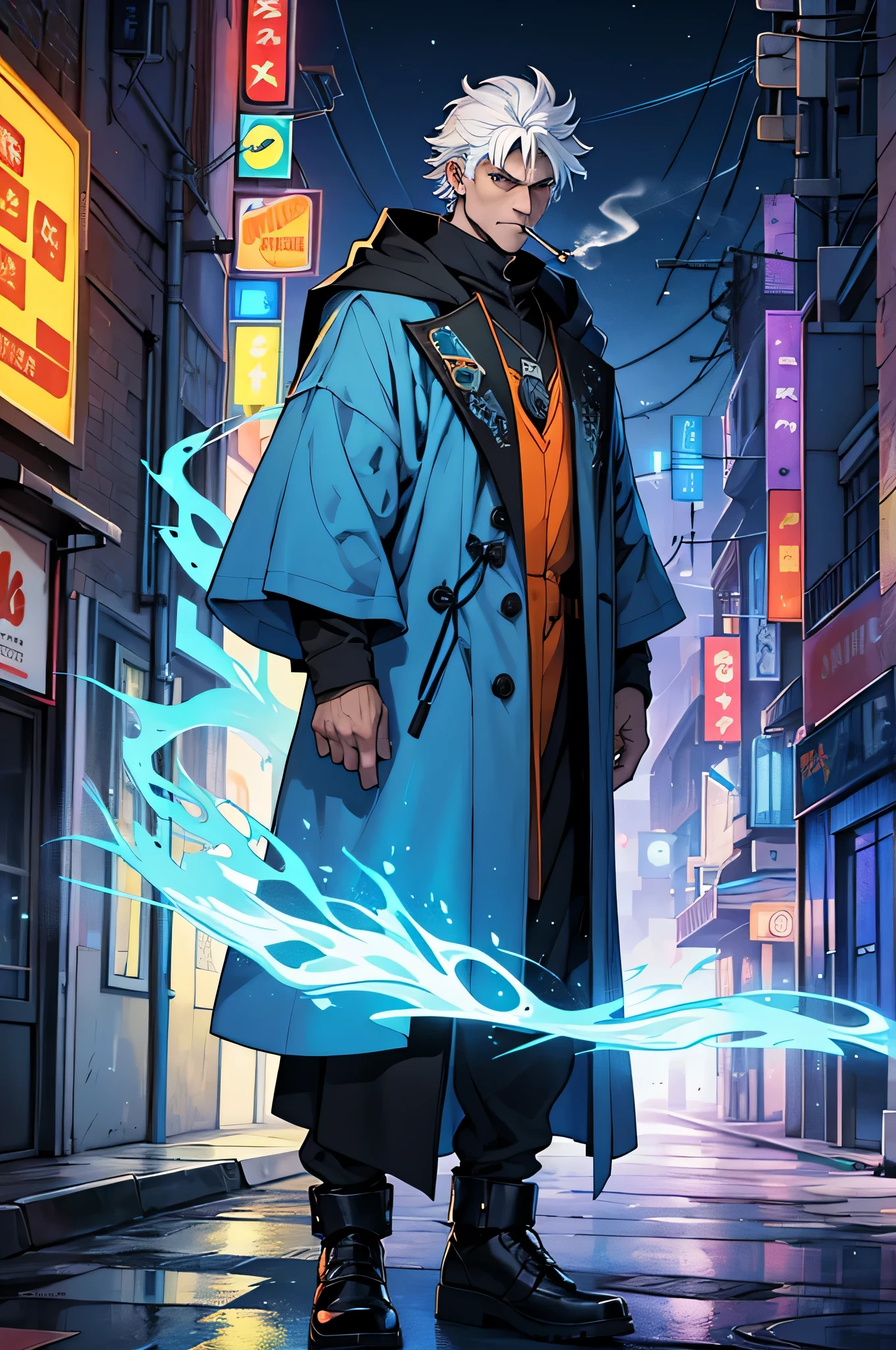 (Magic:1.1), in full height, (Solo man:1.3), (mage:1.2), in a modern city, (ember:1.2), smokes a cigarette, with a cigarette, strange fabric, a strange man, fool clothes, serious face, Strong, (embery colors:1.2)