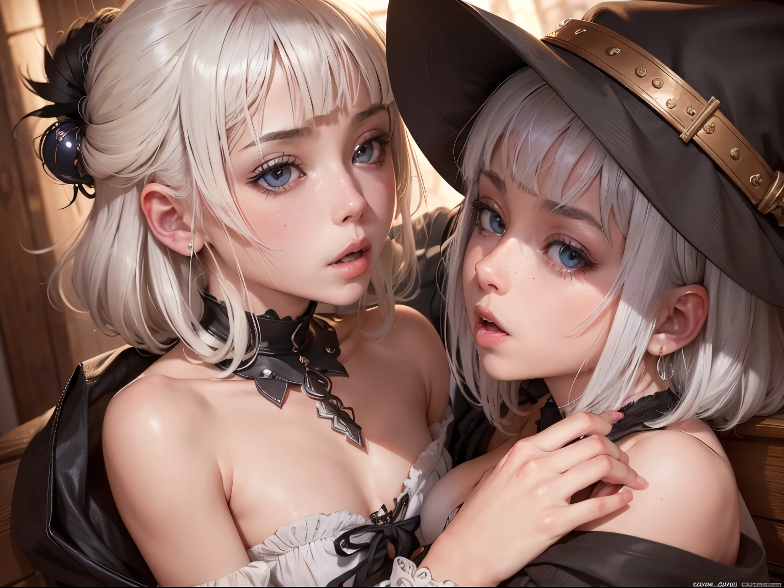 (masutepiece), (Piece of art), (Amazing work), (Detailed eyes), (Delicate skin), (Colorful eyes), (short white hair with bangs), (Sparkling eyes), (1girl in) ,(tiny chest),Skinny Legs,With witch's hat, oud, old, Wear extravagant medieval clothing, masutepiece, Best Quality, The best Desinger, Best Illustration,Lesbian couple,Lesbian Sex,pissing,Gonzo