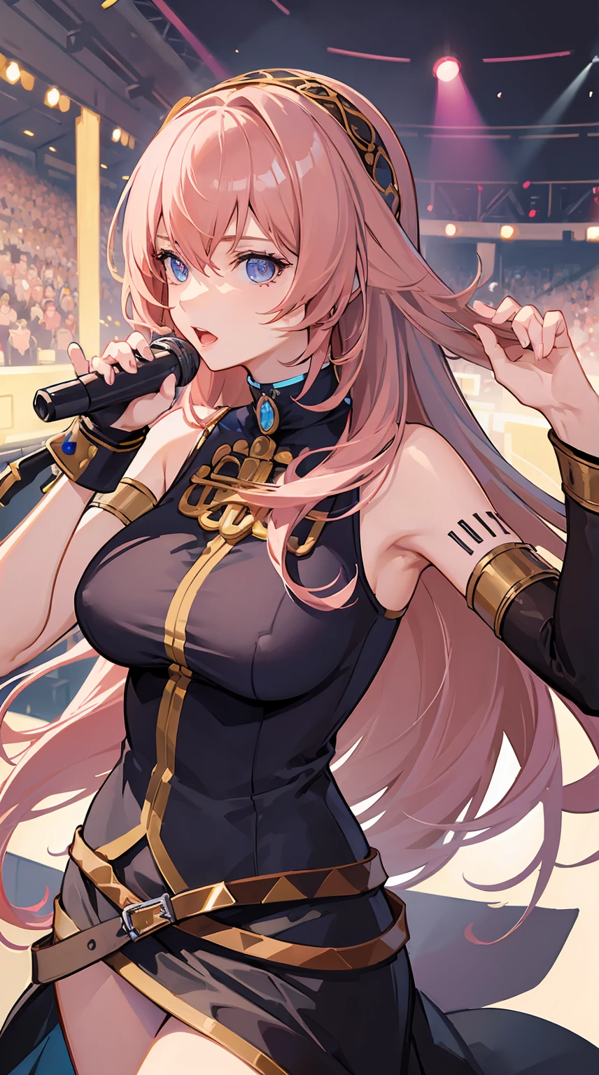 sfw, (best quality:1.1), (masterpiece:1.2), (1girl:1.2), (solo), (mature female), big breast, volcalist, long pink hair, singing, concert, crowd, on stage, intense spotlight, (detailed eyes:1.2),