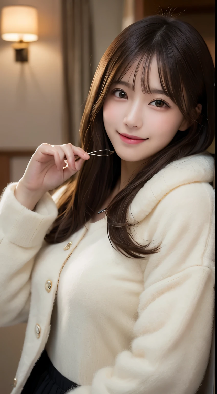 masutepiece, Best Quality, Illustration, Ultra-detailed, finely detail, hight resolution, 8K Wallpaper, Perfect dynamic composition, Beautiful detailed eyes, fluffy winter clothes,Medium Hair,small tits,Natural Color Lip, Bold sexy poses,Smile,Home()a room、20 years girl、Cute、Sexy shot looking at camera