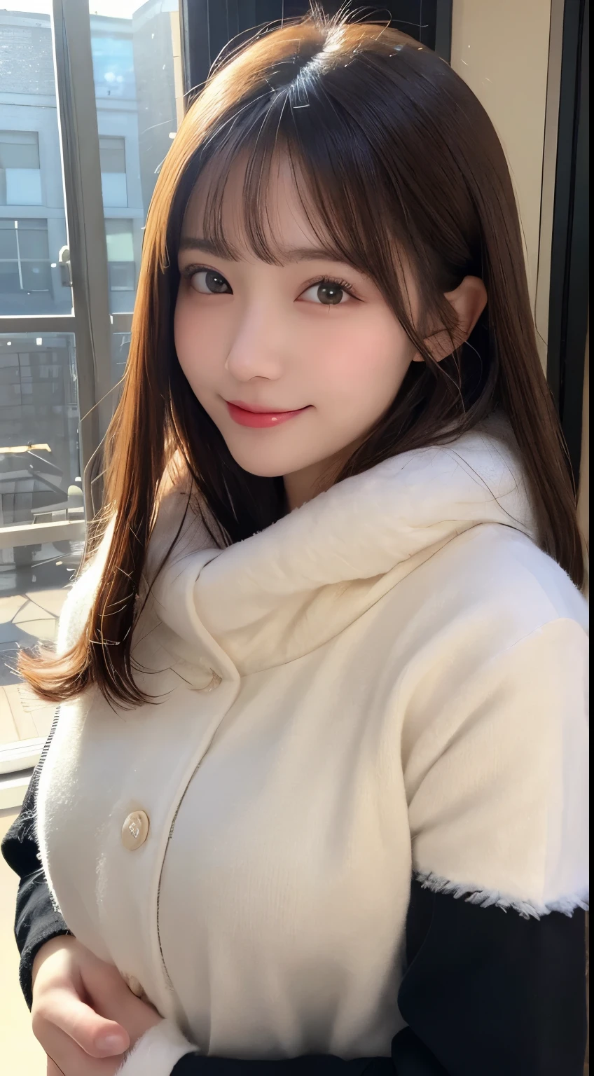 masutepiece, Best Quality, Illustration, Ultra-detailed, finely detail, hight resolution, 8K Wallpaper, Perfect dynamic composition, Beautiful detailed eyes, fluffy winter clothes,Medium Hair,small tits,Natural Color Lip, Bold sexy poses,Smile,Home()a room、20 years girl、Cute、Sexy shot looking at camera