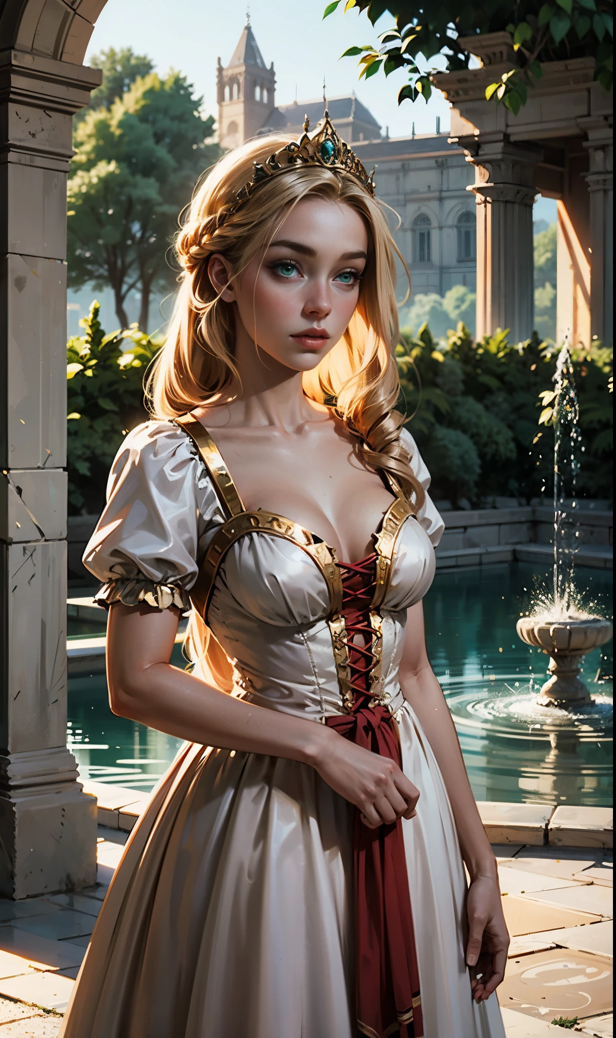 Fantasy, Palace Gardens, Fountains, German appearance, rapunzel, Girl 23 years old, with long golden hair, in a light pink 16th century princess dress., Green eyes, expressive breasts, face looks like Florence Pugh. HD