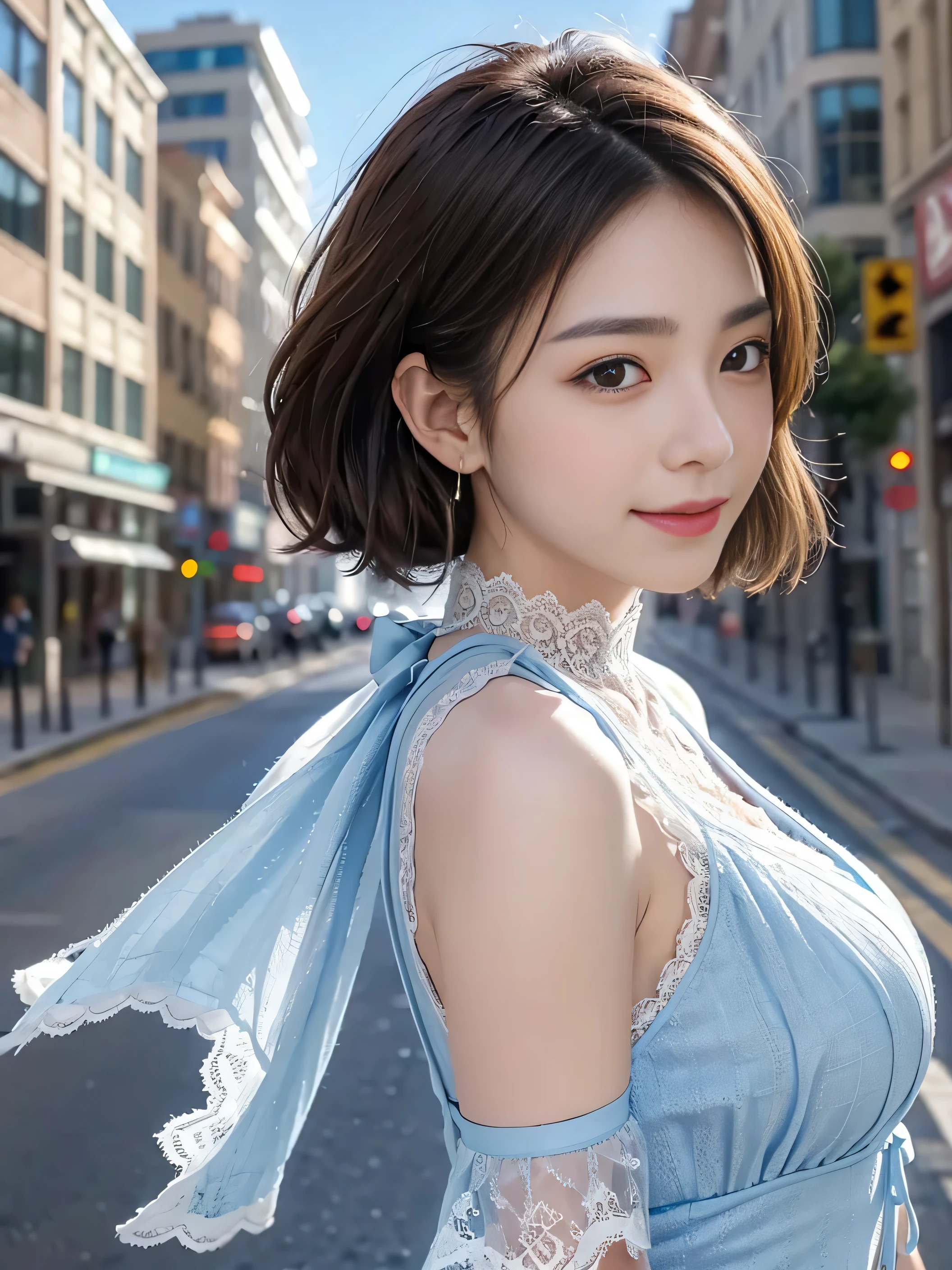a woman posing on the street corner with light blue dress on, best quality, 1girl, large breasts, day, bright, blur background, bokeh, outdoor, (street:0.8), (people, crowds:1), (lace-trimmed dress:1.5, sleeveless dress, light blue clothes, light blue high-neck dress:1.2, blue dress: 1.5), gorgeous, (short hair, forehead:1.2), beautiful detailed sky, earrings, (dynamic pose:1.2), (upper body:0.8), soft lighting, wind, shiny skin, smile,