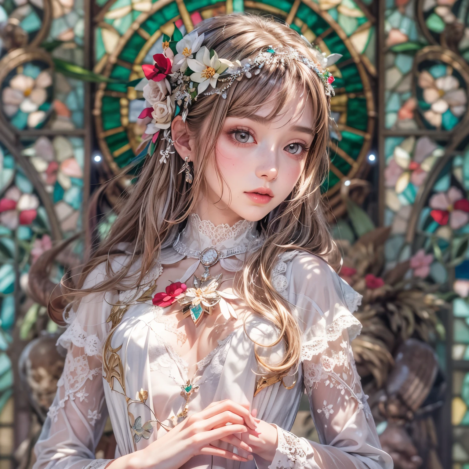 concept art, Tiny junior idol, Delicate lace knitted white clothes, (nipple:-0.9), (face closeup, (Dazzling stained glass Background)), (((Renbutsu Misako), vivid colorful Light shines through delicate stained glass:1.35, Dazzling Halo, Acutance:0.8)), {vivid red |Mystic sight | haze | lense Particle | lens flare | light Particle}. (masterpiece:1.2),(ultra-detailed:1.37),((realistic,photorealistic,photo-realistic:1.37)), (Extremely detailed KAWAII face variations, innocent expression variations), {rosy cheeks | intricate detailed eyes with sparkling highlights | long eyelashes with volume | subtle blush on the face}. {Mystic sight | haze | | blood stained crotch}, impeccable skin texture, captivating gaze, ((Dynamic-angle, physically-based rendering)), whole Body proportions and all limbs are anatomically accurate . full of flowers covering girl's body .