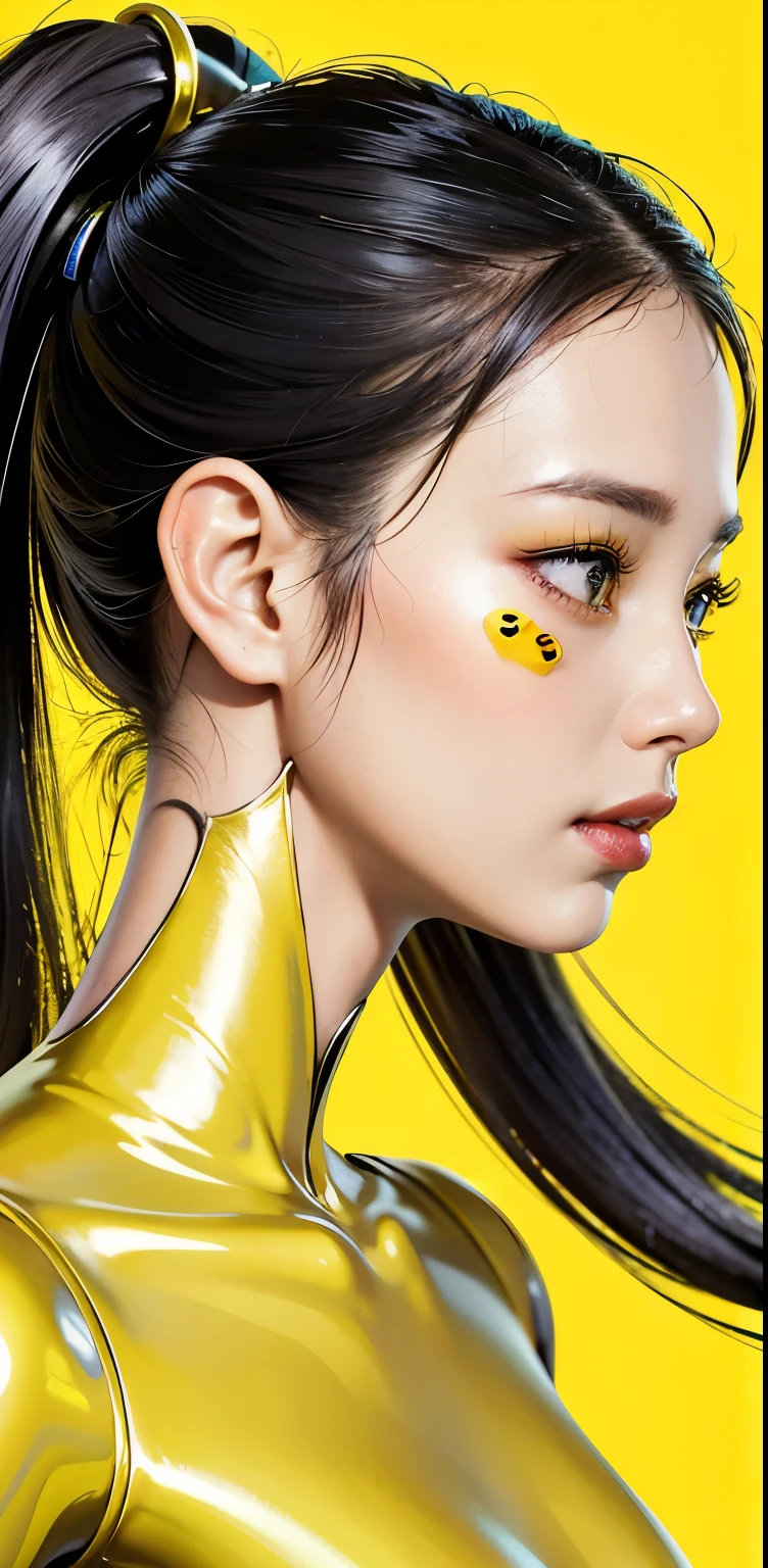 profile Photography, in front of a yellow wall, an asian cyborg woman head without body, connected by cables, twisted cables and wires and LED, atractive eyes body punk PLC Robots with silver motor head, with ray guns, 80 degree view, art by Sergio Lopez, Natalie Shau, James Jean and Salvador Dali, (yellow background:1.5)