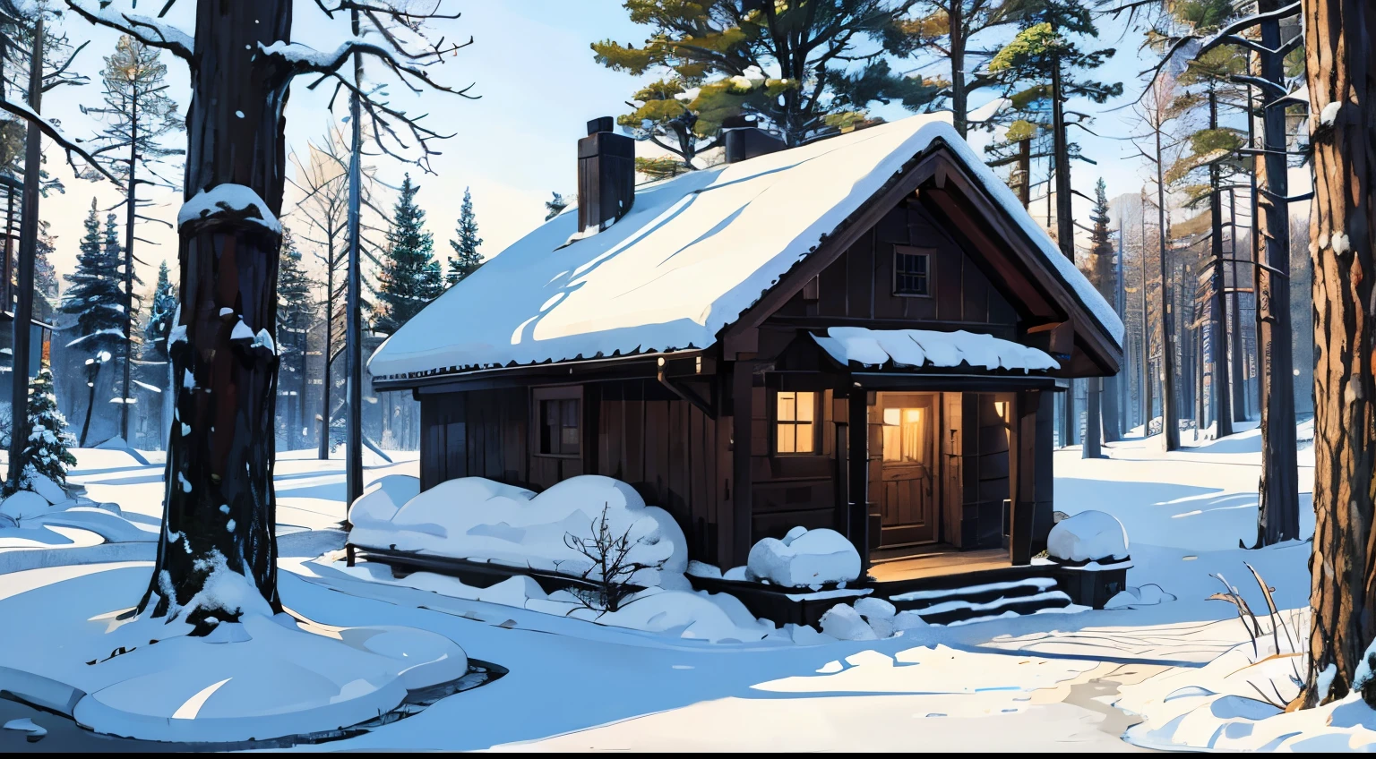A house in a forest,snow,trail