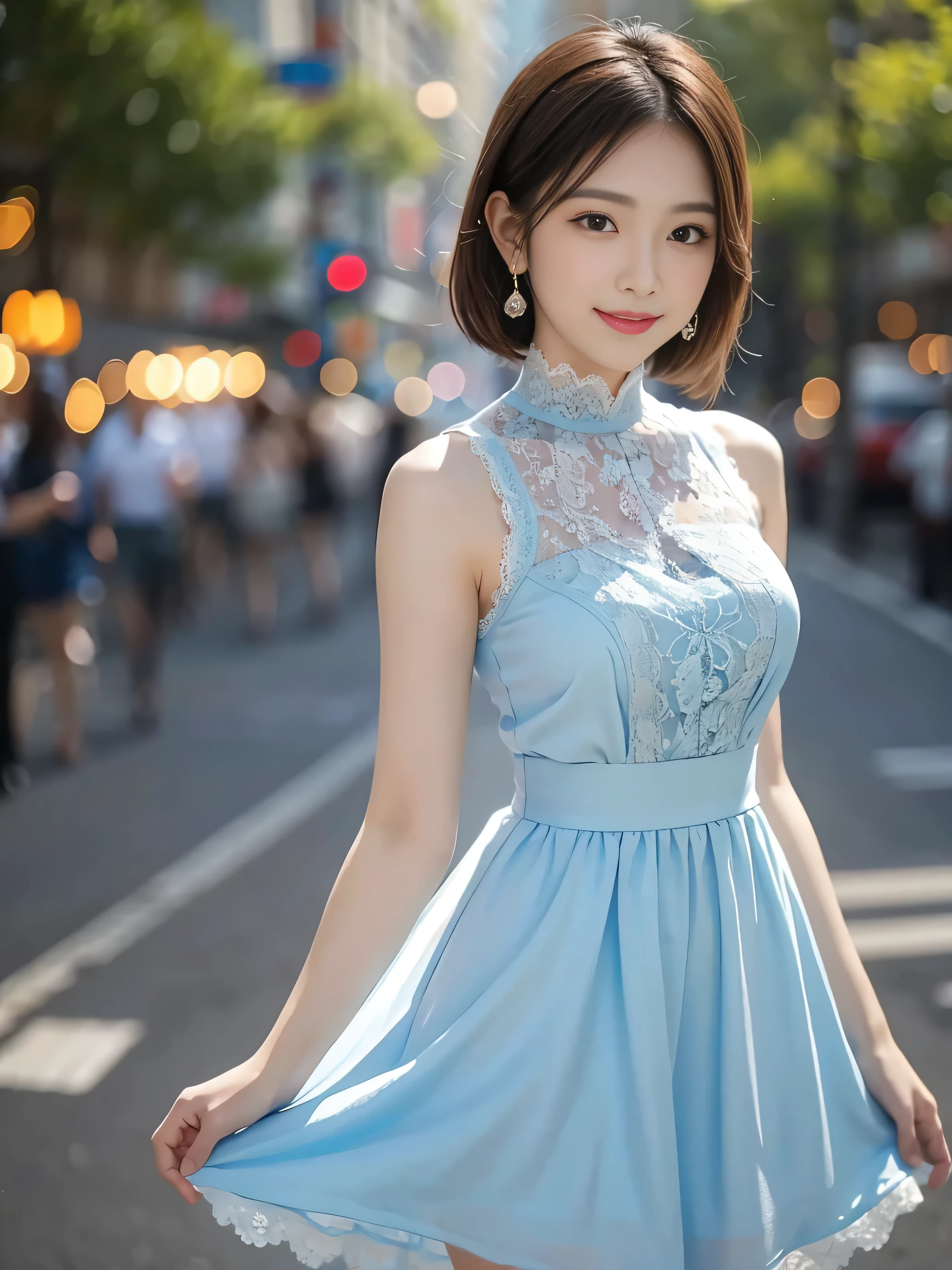 a woman posing on the street corner with light blue dress on, best quality, 1girl, large breasts, day, bright, blur background, bokeh, outdoor, (street:0.8), (people, crowds:1), (lace-trimmed dress:1.5, sleeveless dress, light blue clothes, light blue high-neck dress:1.2, blue dress: 1.5), gorgeous, (short hair, forehead:1.2), beautiful detailed sky, earrings, (dynamic pose:1.2), (upper body:0.8), soft lighting, wind, shiny skin, smile,