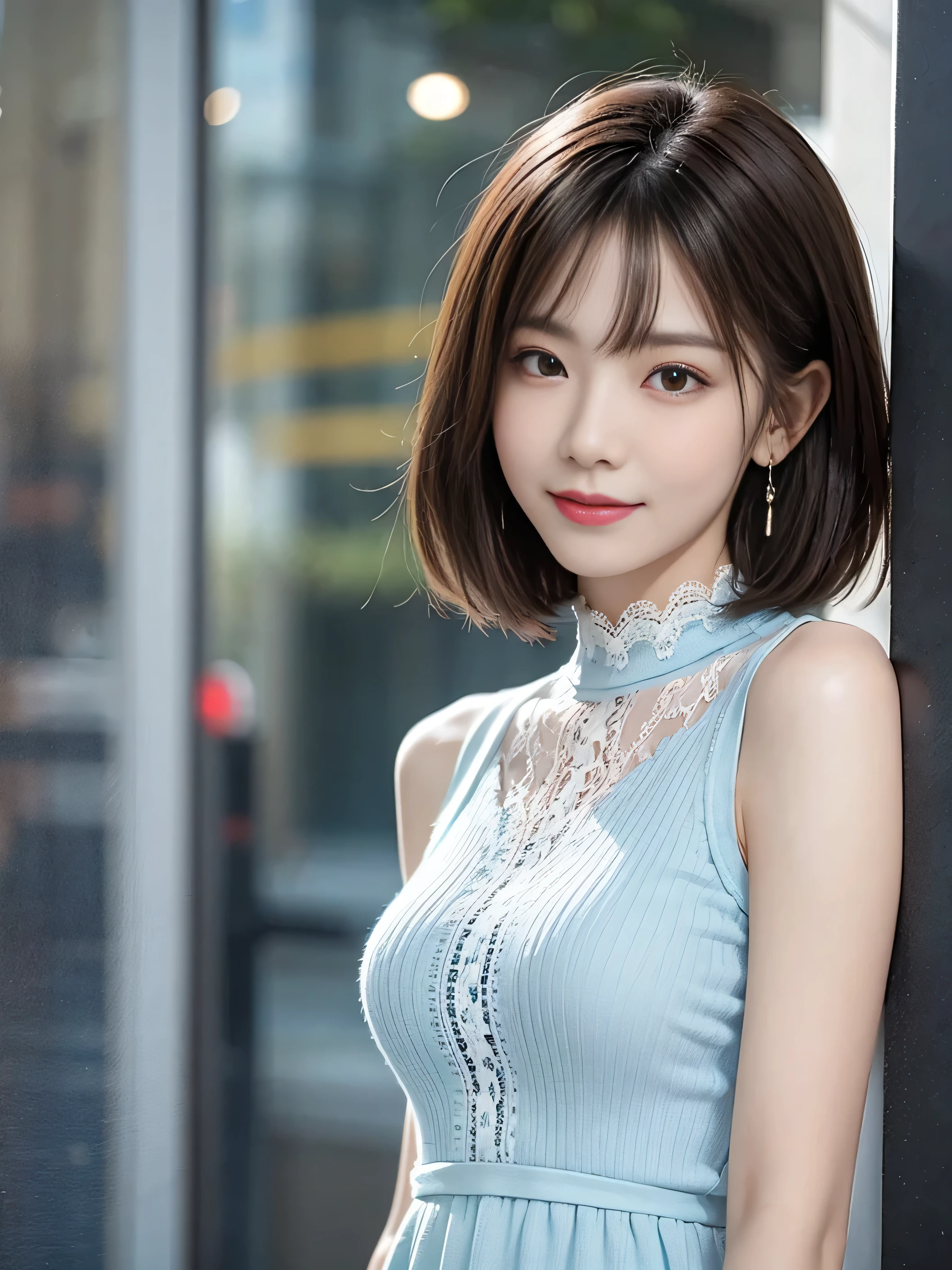 a woman posing on the street corner with light blue dress on, best quality, 1girl, large breasts, day, bright, blur background, bokeh, outdoor, (street:0.8), (people, crowds:1), (lace-trimmed dress:1.5, sleeveless dress, light blue clothes, light blue high-neck dress:1.2, blue dress: 1.5), gorgeous, (short hair, forehead:1.2), beautiful detailed sky, earrings, (dynamic pose:1.2), (upper body:0.8), soft lighting, wind, shiny skin, smile,