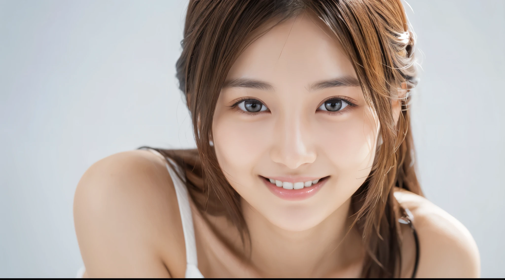 Young japanese lady, 30s, White background, It features a simple背景, white-brown hair, slender, 4K, in 8K, High quality, Beauty, Smile, Beautiful eyes, It features a simple, High resolution,1 person,Beautiful skins,Beautiful skin,