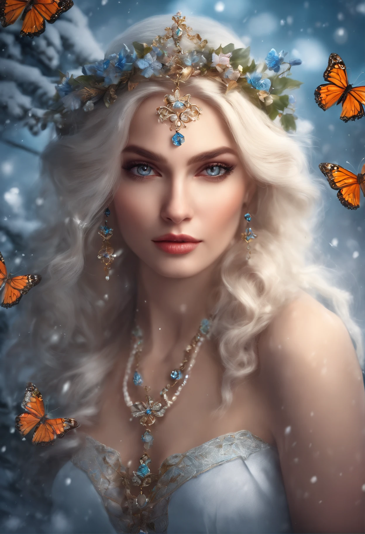 blonde with a butterfly necklace and a butterfly necklace in the snow and butterflies around beautiful fantasy portrait, beautiful fantasy art portrait, digital fantasy portrait, Portrait of a very beautiful elf woman, fantasy art portrait, fantasy concept art portrait, fantasy portrait, 8K Artgerm Bokeh, soft portrait shot 8 k, detailed matte fantasy portrait, cgsociety portrait, beautiful digital artwork