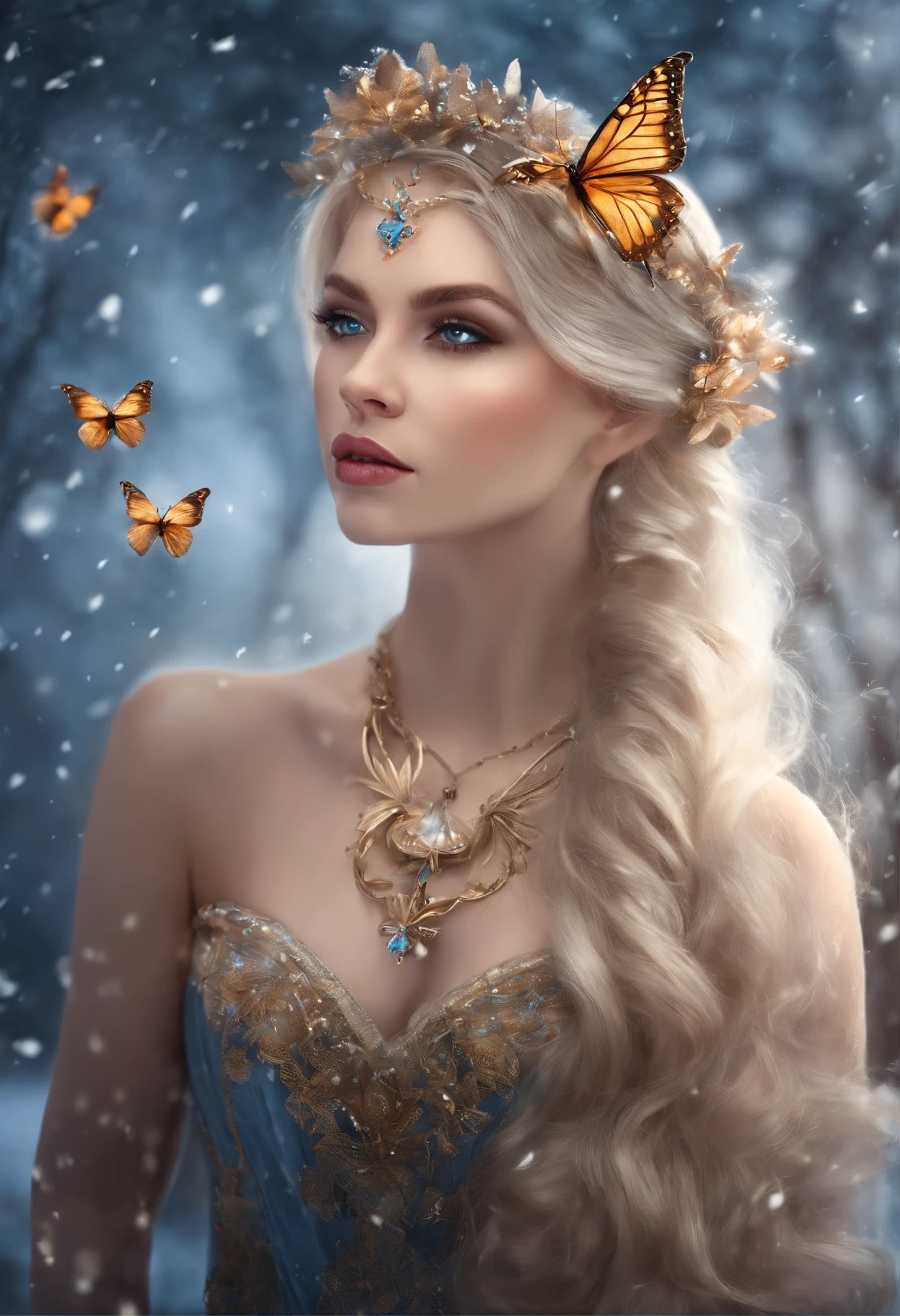 blonde with a butterfly necklace and a butterfly necklace in the snow and butterflies around beautiful fantasy portrait, beautiful fantasy art portrait, digital fantasy portrait, Portrait of a very beautiful elf woman, fantasy art portrait, fantasy concept art portrait, fantasy portrait, 8K Artgerm Bokeh, soft portrait shot 8 k, detailed matte fantasy portrait, cgsociety portrait, beautiful digital artwork