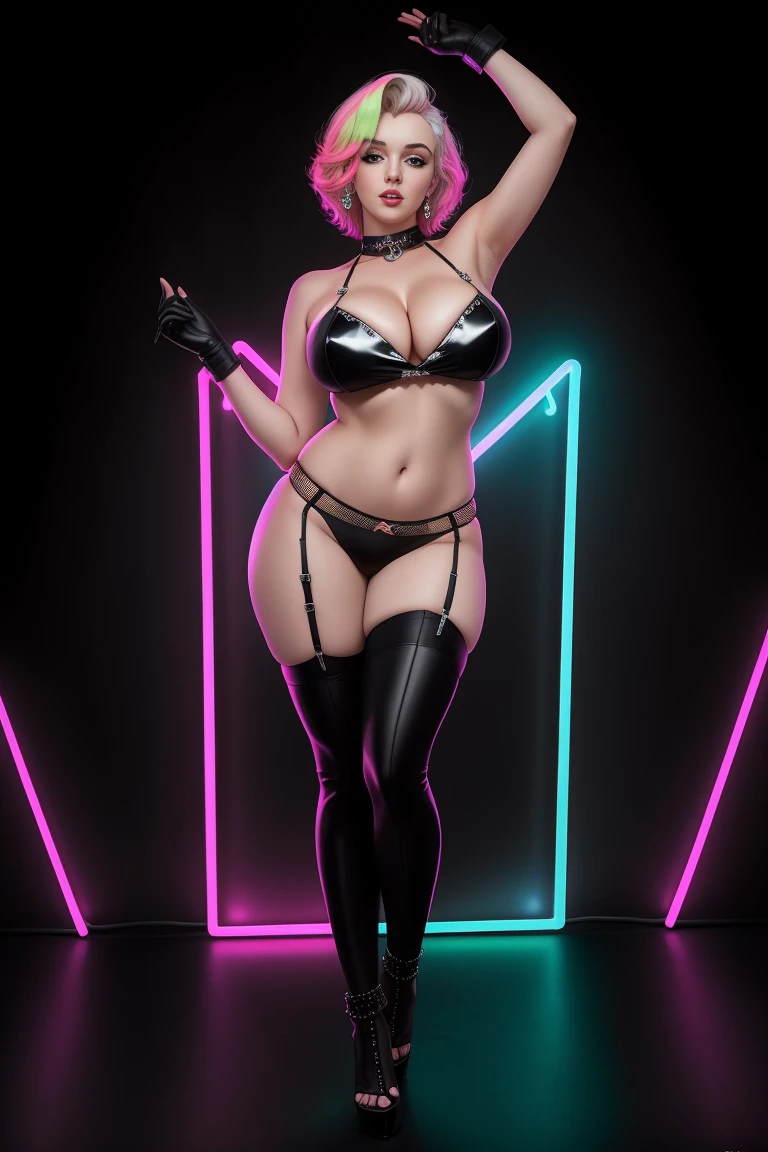 there Marilyn Monroe standing, neon hair, 3 d neon art of a womans body, neon-noir background, cyberpunk femme fatale, seductive cyberpunk dark fantasy, cyberpunk strip clubs, cyberpunk 20 y. o model girl, oppai cyberpunk, banner, high definition cgsociety, cgsociety masterpiece, trending on cgstation, kda, random hair, looking at camera, gigantic breasts, cleavage, (high detailed skin:1.2), 8k uhd, dslr, super lighting, high quality, film grain, high res, highly detailed, hyper realistic, beautiful face, beautiful body, beautiful eyes nose lips, alluring expression, very bold, upper boobs visible, full body photo, standing legs apart, pale translucent glowing skin, most beautiful face, cute, (well defined pubic hair:1.2)), (dark plain black background:1.4))