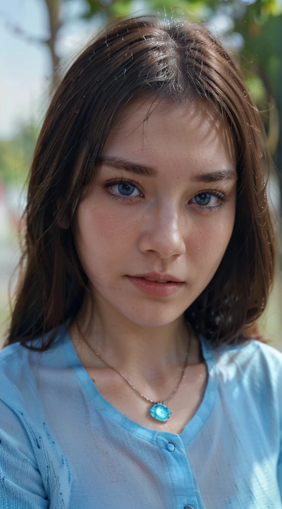 (Please generate an image of a young woman wearing a shirt and necklace. She has brown hair, The large, eBlue eyes, and a subtle, natural makeup. The photo should show her without visible makeup, She should look directly into the camera. The face should look real and natural. Full body shots of this attractive woman should feature eye-catching poses, She has sharp blue eyes. The girl's temperament is very sweet, And the posture should be very sweet too. Please confirm the woman'The entire body is visible in the image. The background must be clear、Neatness. The details of the image should be of high quality(Best quality)), ((tmasterpiece)), (Detailed pubic hair), is a perfect face
