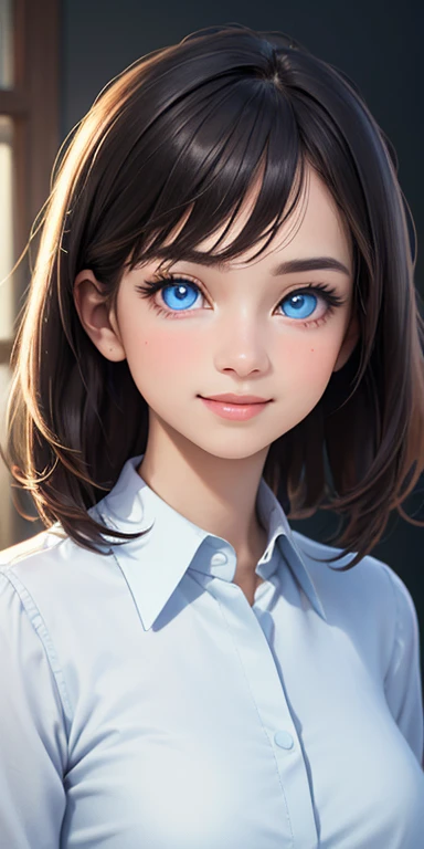 baby face, short black hair,messy hair, (photorealistic:1.4), (masterpiece, sidelights, exquisite beautiful eyes: 1.5), masterpiece*portrait, realistic, 3D face,kawaii face,front view: 1.5、 (glowing blue eyes:1.2),(tareme:1.5)、forced smile,Rosy Mouth,Slim Body, shiny hair, shiny skin: 1.5、large breasts:1.3,solo,(sit)、(open collared shirt)、(charactor focus:1.5、portrait)、upper body,