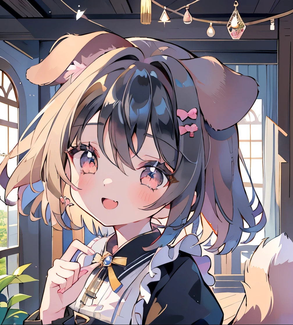absurderes, hight resolution, (Anime style:1.1), ((masutepiece)), ((Best Quality)), (Ultra-detailed), (Beautiful),Beautiful face、(liftup),Cut s、((((dog ears、Dog tail、a smile))))Black hair、fluffy hair、Glitter eyes、maid clothes、Black dress、Dog Girls(((((1girl in)))))a park