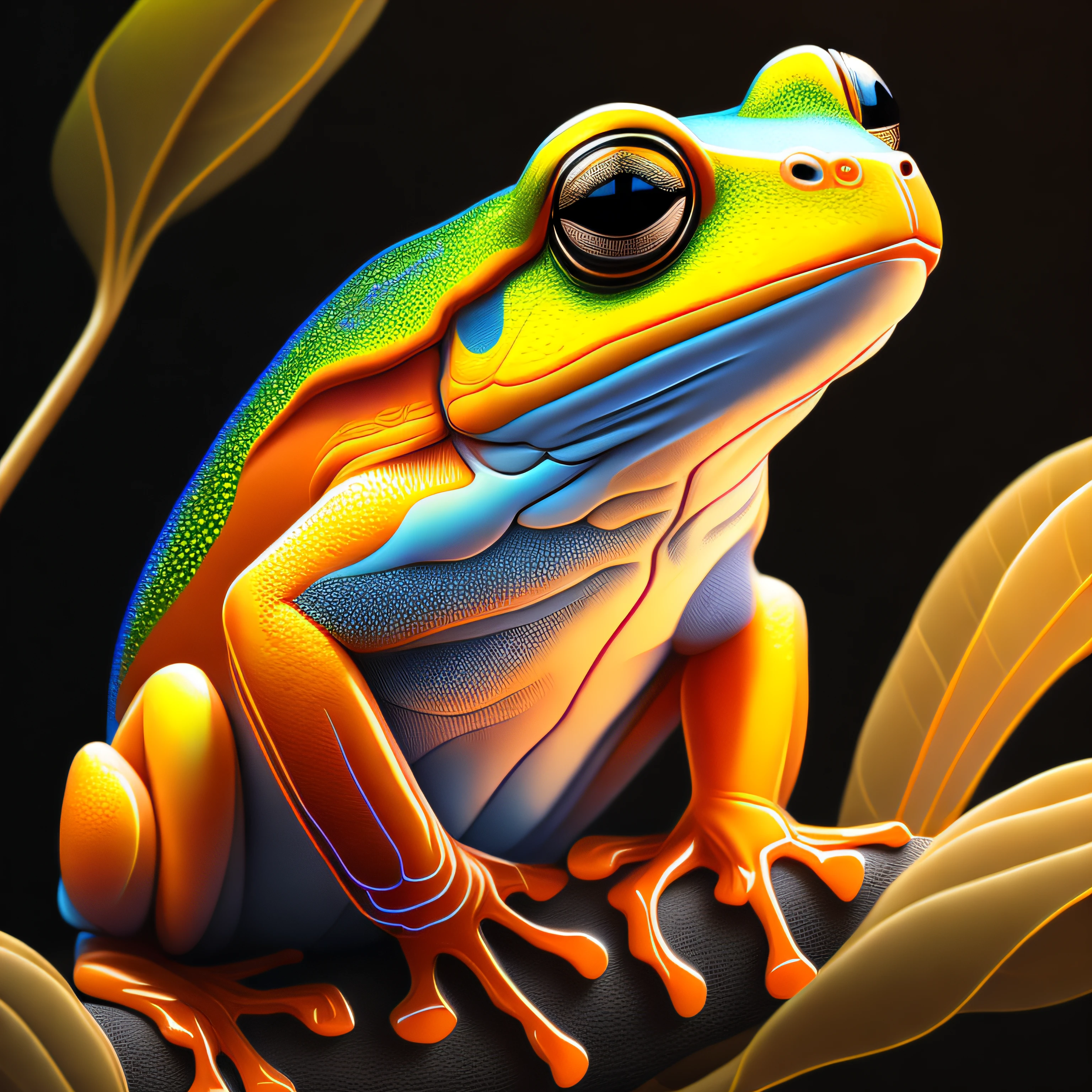 intricate and colorful, (digital painting:1.2) orange tree frog, bright neon skin, wet, portrait, concept art, octane render, trending on artstation, neon-noir background, iolibt, vfx, Blender and Photoshop, octane render, excellent composition, cinematic atmosphere, dynamic dramatic cinematic lighting, aesthetic, very inspirational, arthouse,(dark plain black background:1.4))