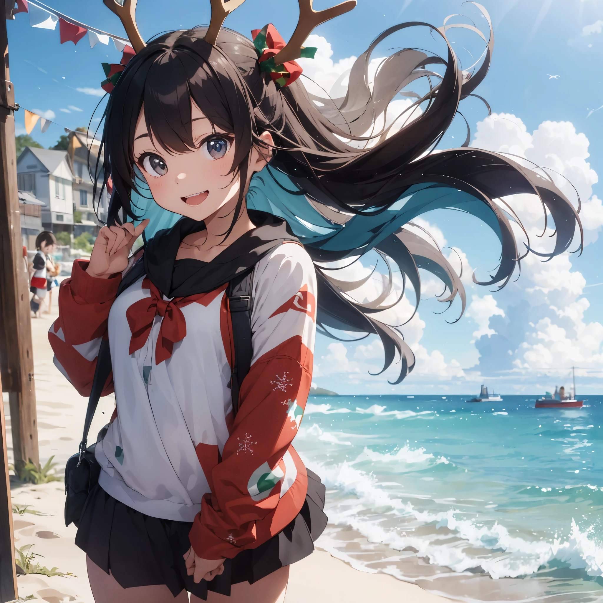 high-level image quality、hightquality、4K,8K,「A cute girl wearing reindeer-themed clothes is on the beach。She is wearing a bikini inspired by reindeer colors and designs。。.、he has small horns on his head。Her expression looks happy and playful。Christmas decorations are scattered on the beach.、With the deep blue sky and sea in the background.。This scene is、Recreate the festive and bright holiday atmosphere。。」