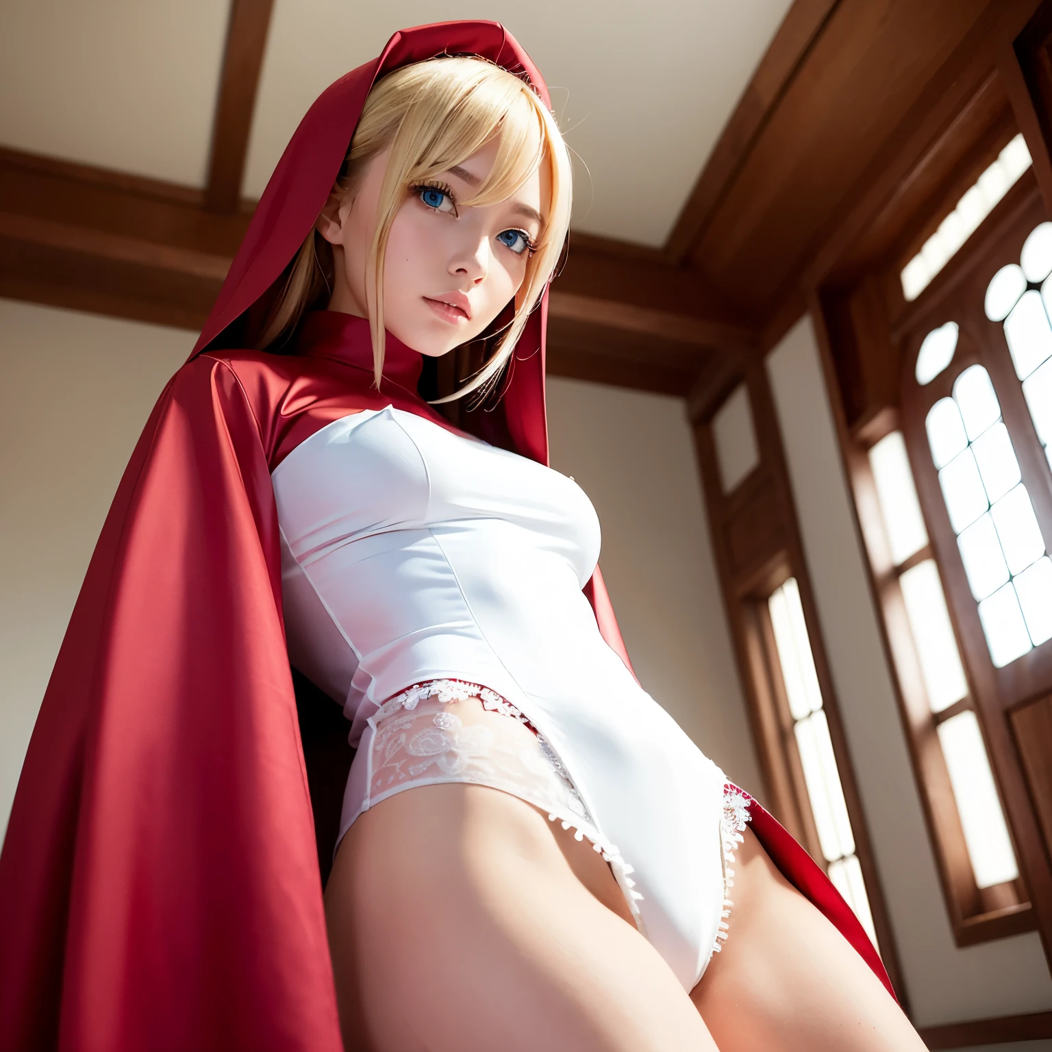 masterpiece,((top-quality)),8k wallpaper,((Female 1)),a blond,blue eyess,Look at viewers,The light of a candle reflected in the eyes,A smile,Pink cheeks,((very detailed facial details)),Transcendent Beautiful Girl,Cultivated woman,Dressed in a red nun's costume,Wear a red top with white frills on the collar,Good cosplay,Lift up the clothes you are wearing,穿いているWhite pantiesを披露,White panties,Angle from below,up close shot,Bite,Ukrainian model,The background is a chapel,natta,Candlelight,The light of a candle illuminates her