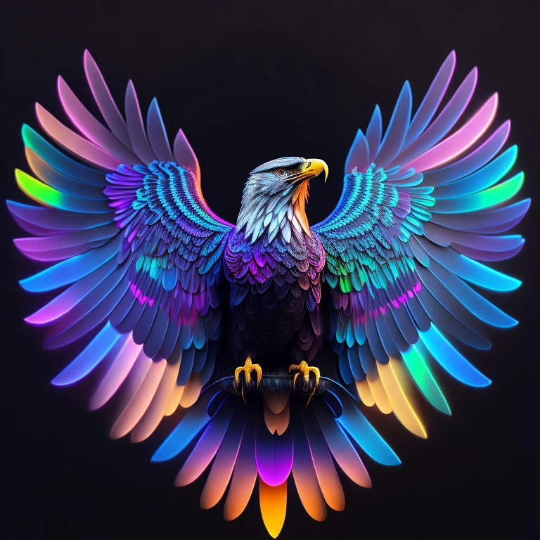 intricate and colorful, (digital painting:1.2) eagle, bright neon plumage, wings and talons extended, concept art, octane render, trending on artstation, neon-noir background, iolibt, vfx, Blender and Photoshop, octane render, excellent composition, cinematic atmosphere, dynamic dramatic cinematic lighting, aesthetic, very inspirational, arthouse,(dark plain black background:1.4))