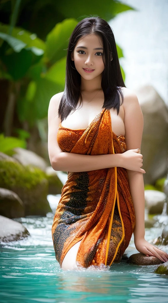 A Beautiful Girl, long-haired, Wear a Thai sarong, bathe, enormous breasts, Beautiful breast, slim, slim, stream,natural