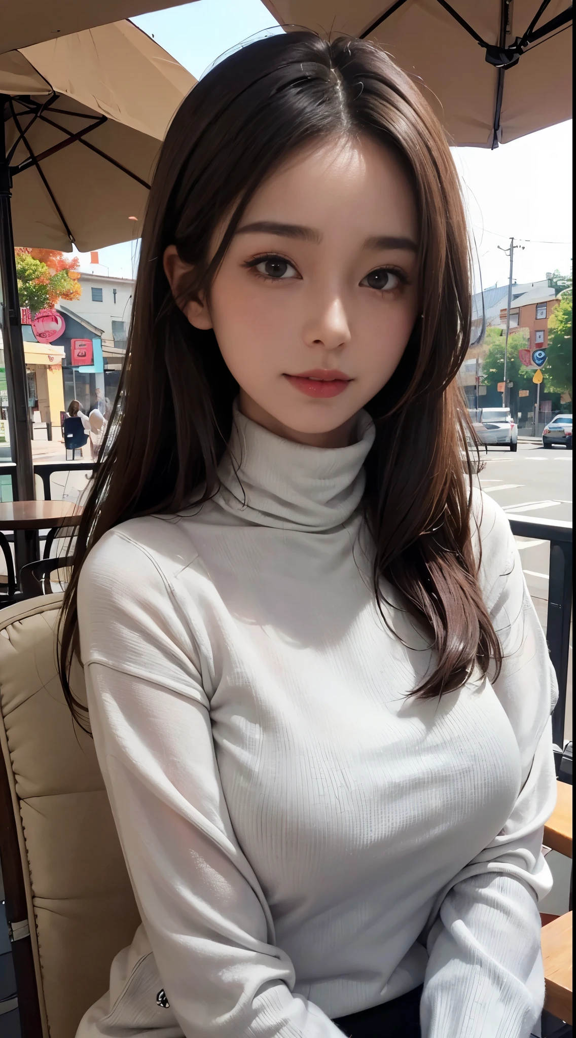 ((A mature woman sits in front of a café)),((turtleneck shirts:1.3)). 40k, Photography, Masterpiece, Best quality, dark grey background, ((Mature women, Wife, Mom, A MILF)), ((A plump chest)), Perfect face, perfect boobreast-huge)), ((1 girl with brown eyes and gorgeous light black hair)). a Pretty Japanese woman,full soft breasts and white skin, ((very soft breasts)). Ultra-detailed face, Detailed eyes, Embarrassed, Smile, Summer, Daytime, (((Slave collar))), Half body, dated