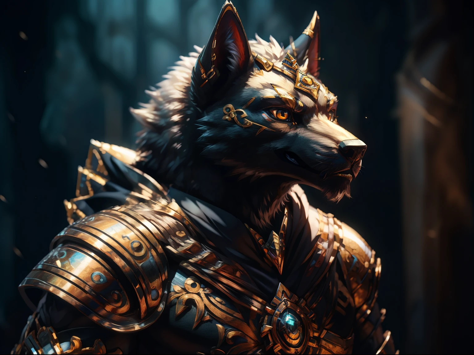 Werewolf in a cloak,anthro wolf face, professional furry drawing, White hair,Black cape,Black and gold,Portrait of a furry character in intricate armor, Armour,egyption,Anubis,Thick coating,Light,shadowing,stereograms,Cagia,Metal animal motif,Large metal beast head and shoulders armor,Metal edges,Textured,Geometric metal edges,Pedras preciosas,Refinement,Fine painting,Refinement,8K,infinite details