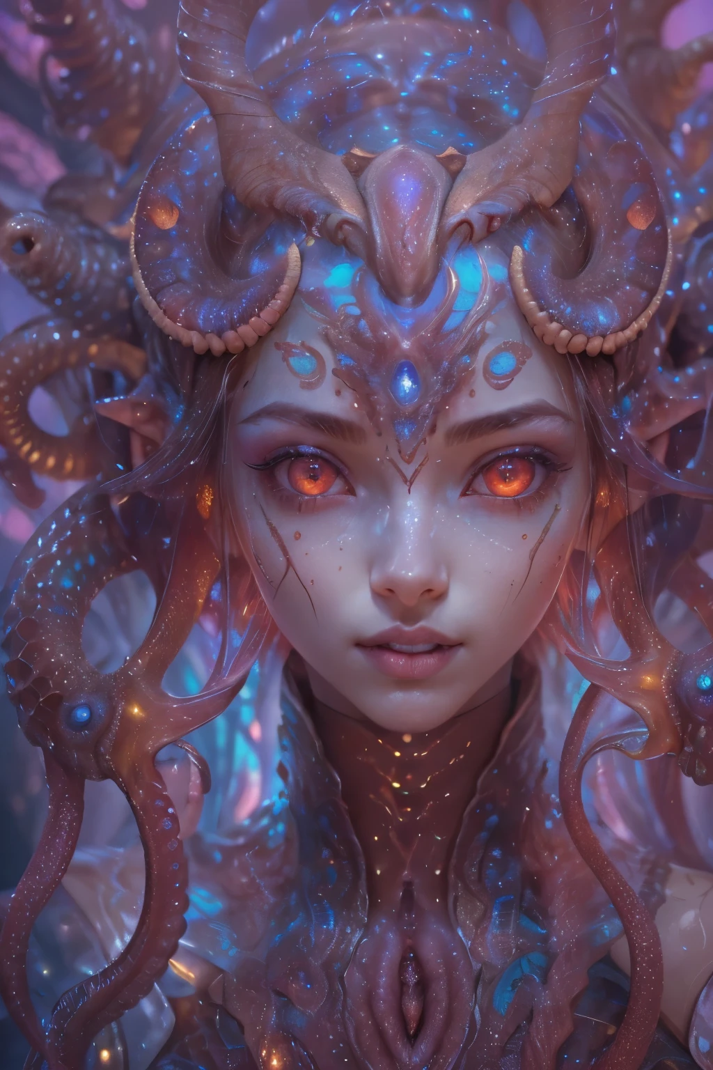Portrait, (beautiful female alien:1.2), (There is a female genital-like organ in the middle of the forehead.:1.8), (The most beautiful face in the history of the universe:1.2), (Glowing scarlet eyes:1.6), (Translucent pale skin:1.8), an evil gaze that seduces , (red eyes:1.5), Full body like, (Sexypose:1.5), alien, No humans, cells are fused, (Lots of translucent Blue tentacles:1.1), extraterrestrial, cell, bio image, (zenTangle, mandalas, Tangle, enTangle:0.98),(Fractal Art:0.9)(fluttered detailed color splashes:1.1),(marbling:1.1), (Vulgarity:1.15), (Sexy:1.4), sweet breath, a sultry, ((Ecstasy:1.6)), Best Quality, 8K,4K_quality, High Definition, Dramatic Lighting, masutepiece:1.5,cinematic quality, detail up, (Intricate details:1.2), High resolution, High Definition, drawing faithfully, (Thick eyebrows:1.2), Beautiful eyes with fine symmetry, (Highly detailed face and eyes:1.2), (High-resolution red-eye:1.4), Intimate face, (Super detailed skin quality feeling:1.4), Perfect Anatomy, (Beautiful toned body:1.5), (Moist skin:1.2), No makeup, (dark circles:1.1), long canines, cinematic drawing of characters, ultra high quality model, cinematic quality, detail up, (Intricate details:1.2), High resolution, High Definition, drawing faithfully, Official art, Unity 8K wall , 8K Portrait, Best Quality, Very High resolution, ultra detailed artistic photography, midnight aura, unreal enginee 5, Ultra Sharp Focus, art by alberto seveso, ArtGerm, Roisch, intricate artwork, Medusa, best quality, masutepiece, ultra High resolution, (photos realistic:1.4), Ultra-realistic realism, dream-like, nautilus, Creation of fantasy, Snail, Dream Snail, (biopunk nautilus:1.4), Thrilling color schemes, Ultra-realistic realism, seductively smiling, Blue tentacles