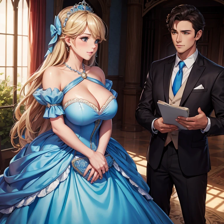 Embarrassed Cinderella in a dress talking to a handsome man