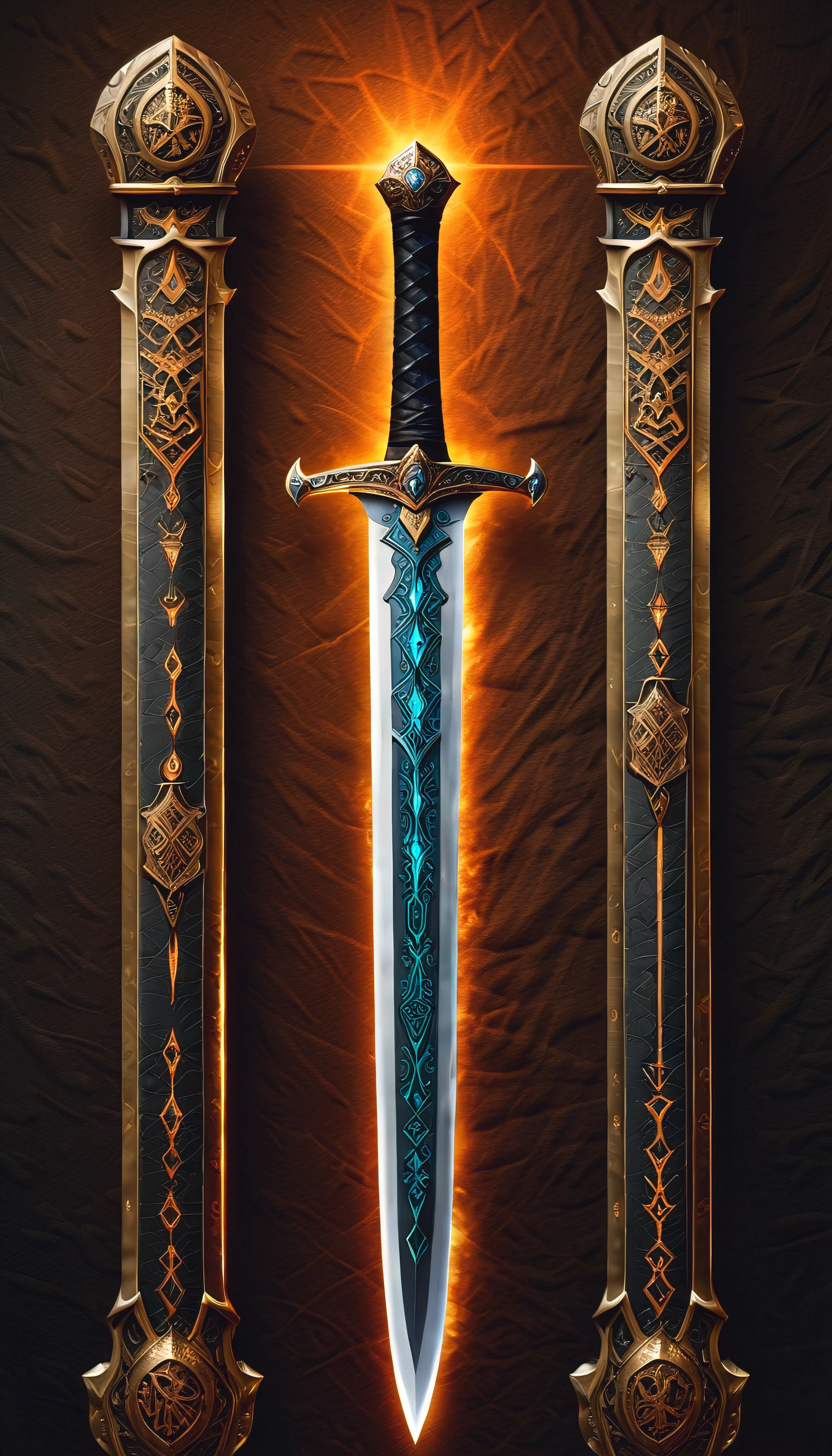 (masterpiece, best quality), (a legendary sword on display), ancient power, glowing magic, etched with sigils and runes, intricate design but functional, elaborate details