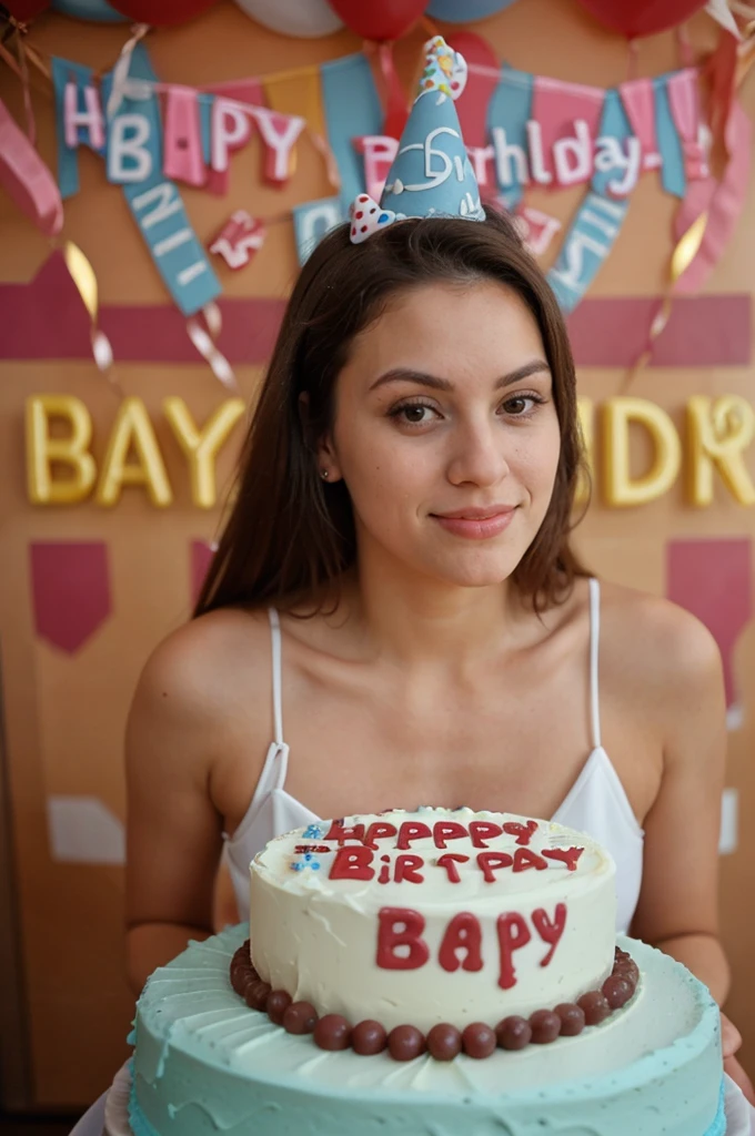 young below average woman, birthday party, cake, people in background