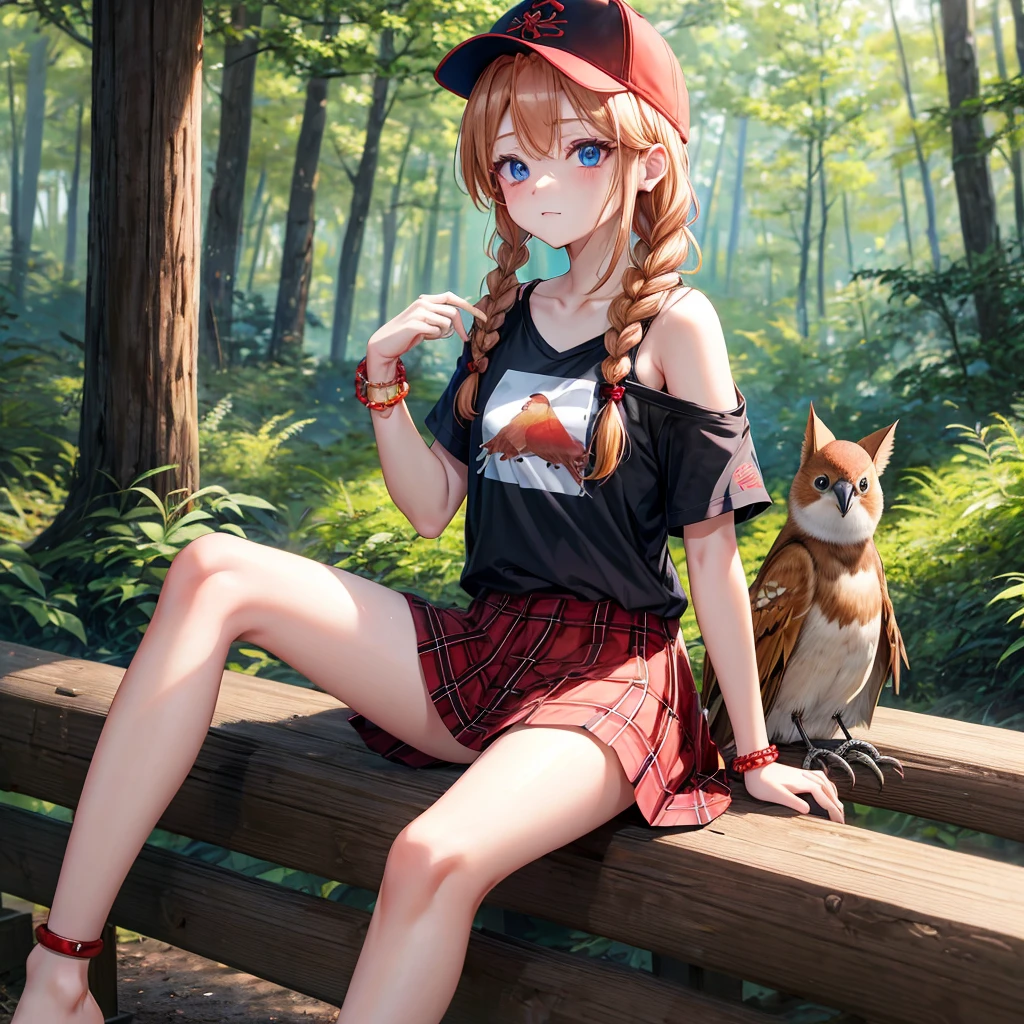 red blonde、blue eyess、Braids、one good looking girl、独奏、animesque、Plaid miniskirt、Black T-shirt、camisole、the woods、Sunlight、sitting on、Wearing a plaid baseball cap、bare-legged、small bracelet、Tilting your face、A small bird is riding on his shoulder