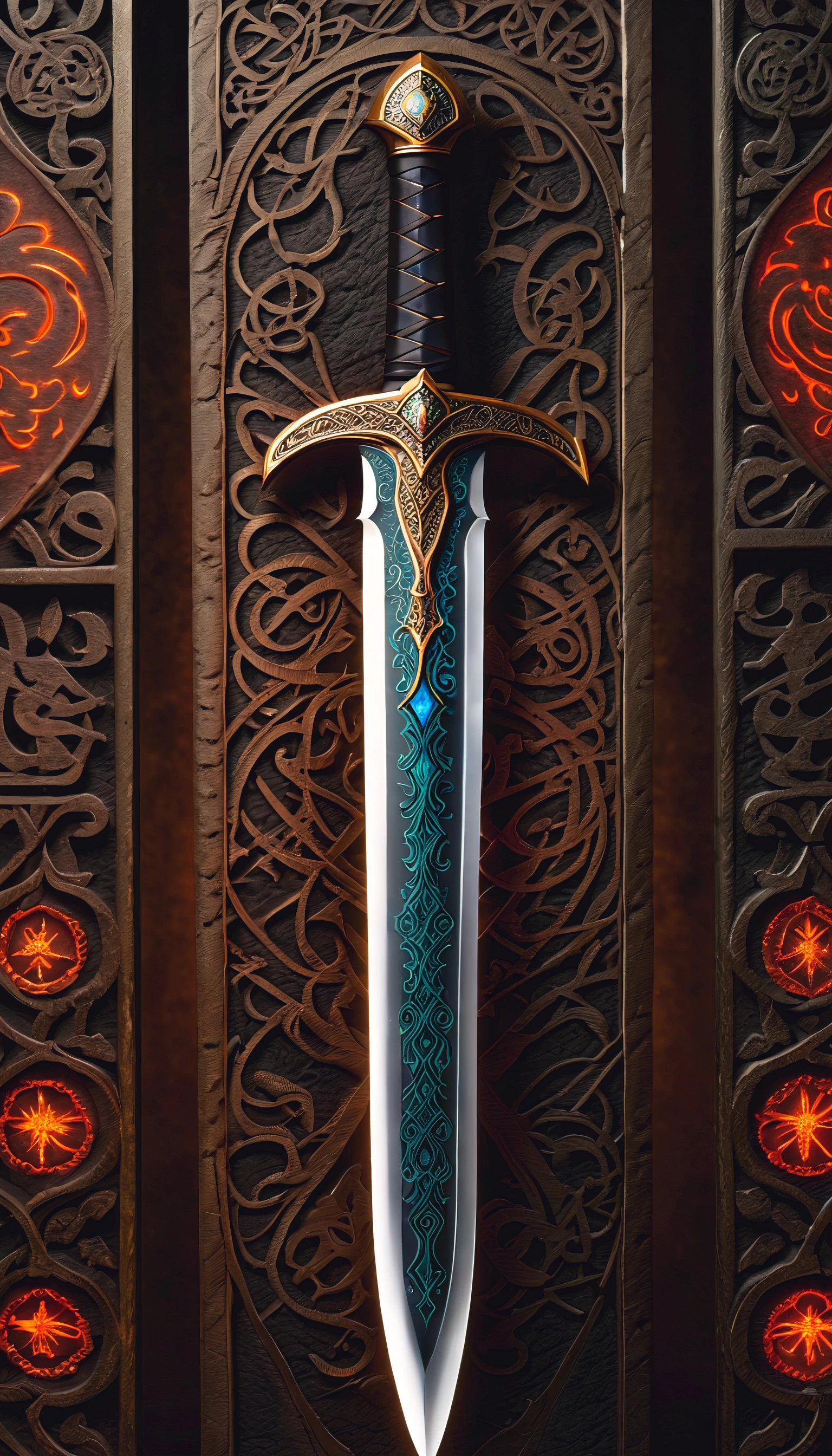 (masterpiece, best quality), (a legendary sword on display), ancient power, glowing magic, etched with sigils and runes, intricate design but functional, elaborate details
